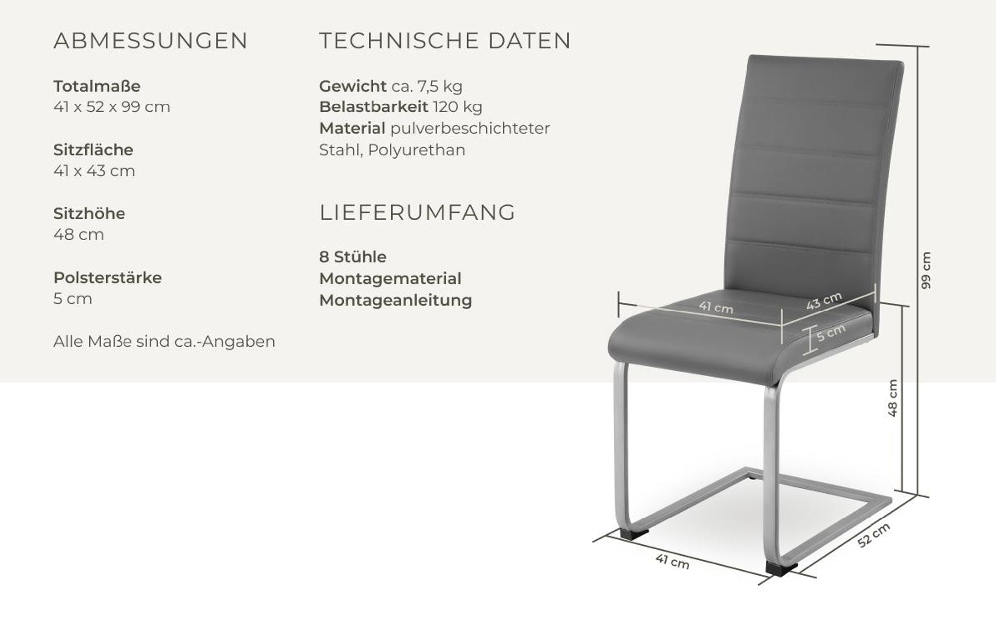 tectake® Set Schwingstuhl Bettina gepolstert mit Kunstlederbezug 41 x 52 x 99 cm
