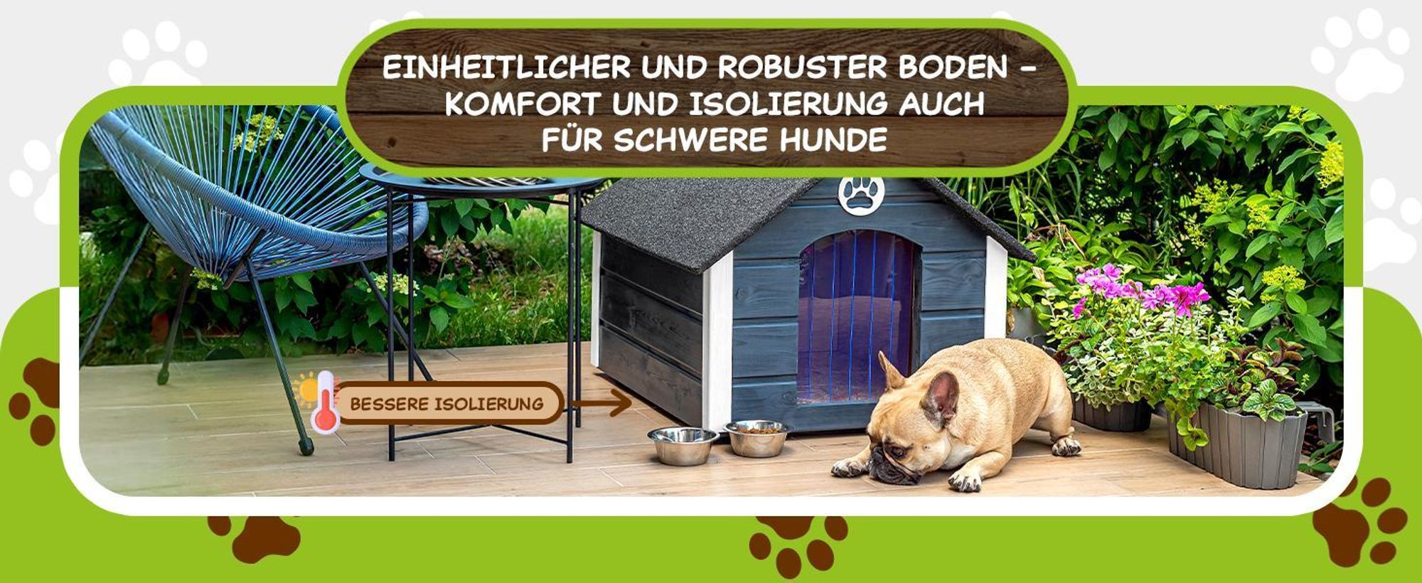Outentin Hundehütte Outdoor Isoliert für Große Hunde – Winterfestes & Wetterfestes Hundehaus mit Schrägdach –Holz – 103x90x70 cm – Grau