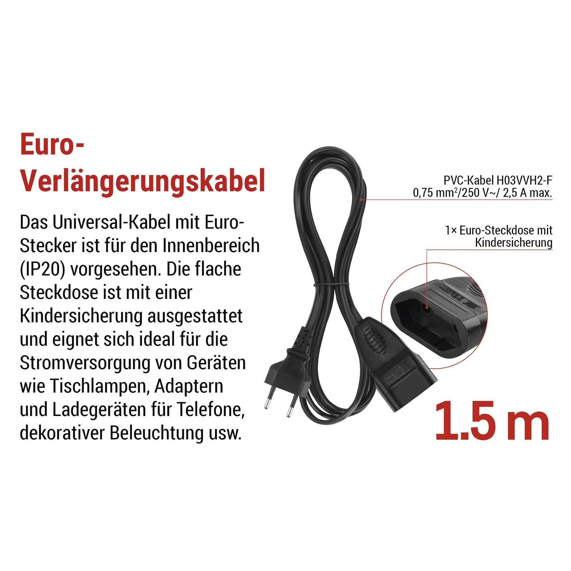 EMOS Verlängerungskabel 1,5m, mit Euro-Stecker & Buchse, 250 V, 2,5 A, 575 W, PVC, 0,75 mm2, erhöhter Berührungsschutz, für Innen, schwarz, PC01301