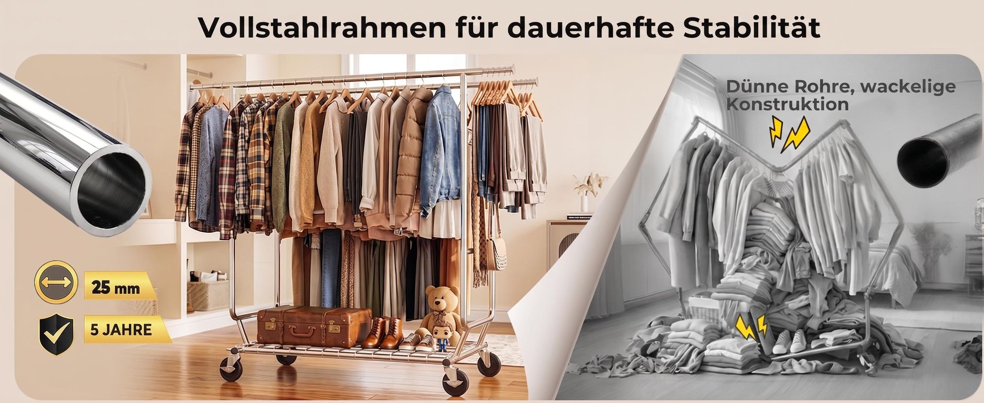 HOKEEPER Profi Doppelter Kleiderständer, bis 272 kg belastbar, Schwerlast Kleiderstange auf rollen, Industrie-Design, Garderobenständer