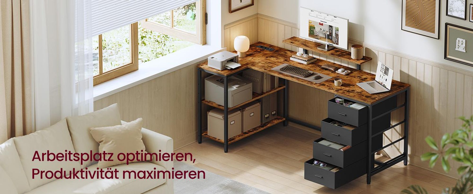 VASAGLE L-förmiger Eckschreibtisch mit USB-Anschlüssen, Computertisch, 2 Ablagen, 4 Schubladen, 160 x 80 cm, braun