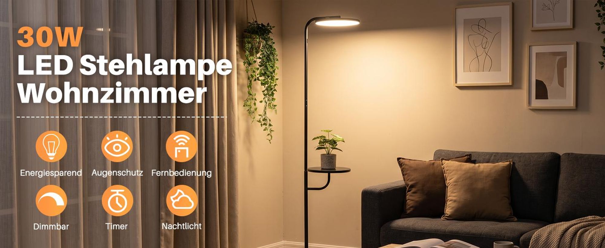 ZMH LED Stehlampe Wohnzimmer 30W Schwarz mit Tisch Fernbedienung 174cm Leselampe Stehleuchte dimmbar 3000K-6500K moderne Bodenleuchte für Wohnzimmer