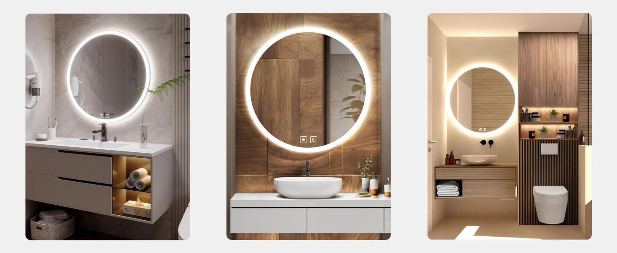 LED zrkadlo do kúpeľne, okrúhle, 80 cm – s funkciou proti zamlievaniu, 3 farby svetla (CCT), plynulá regulácia jasu, dotykové ovládanie, ochrana IP44, moderné zrkadlo bez rámu