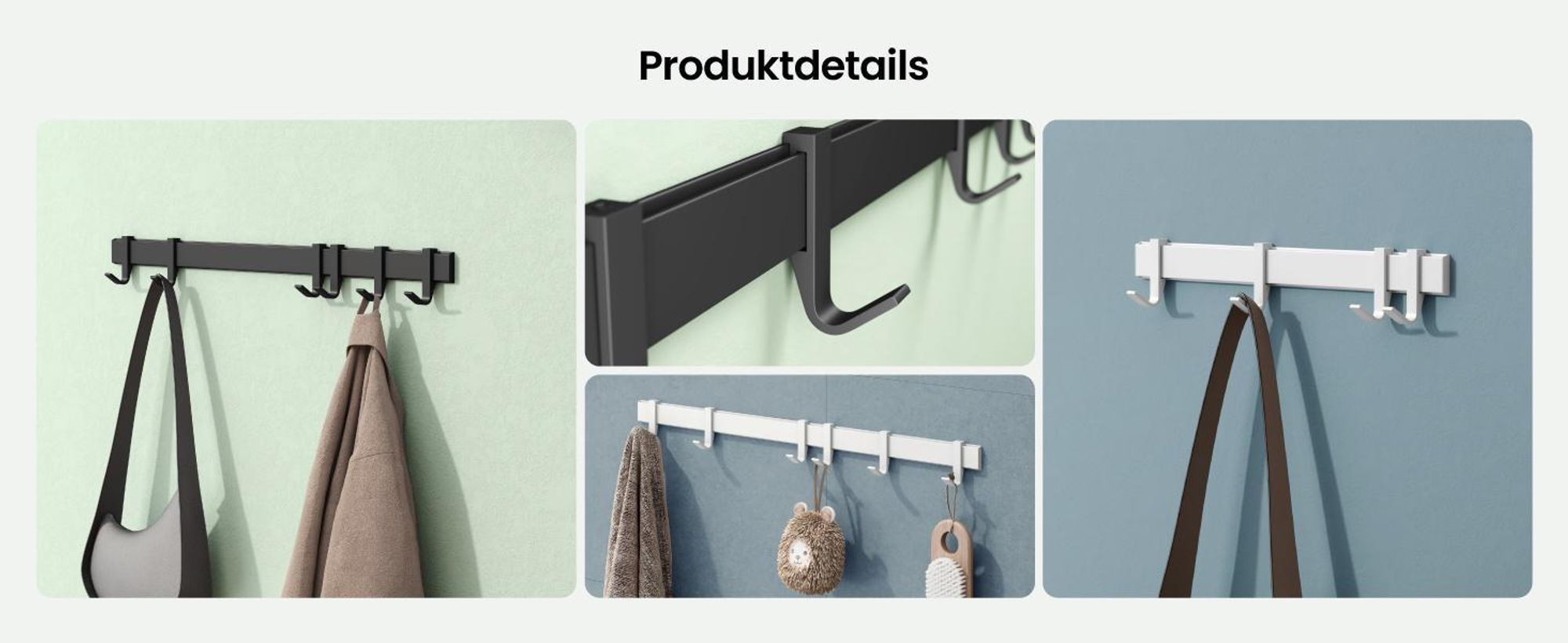 Mai & Mai Kleiderhaken Wandgarderobe Wandhaken aus Aluminium mit 6 Verschiebbare Garderobenleiste Garderobenhaken 60cm Matt weiß Stalo-12