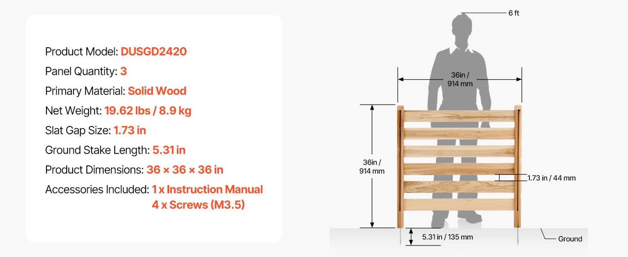 VEVOR Holz Sichtschutzzaun, 36" B x 36" L, 3-Panel Lattenzaun für Klimaanlagen, Poolgeräte-Einhausung mit Metallpfählen, Einfache DIY-Installation, Outdoor-Mülltonnenverkleidung für Gartendekoration, 914x914x914 mm