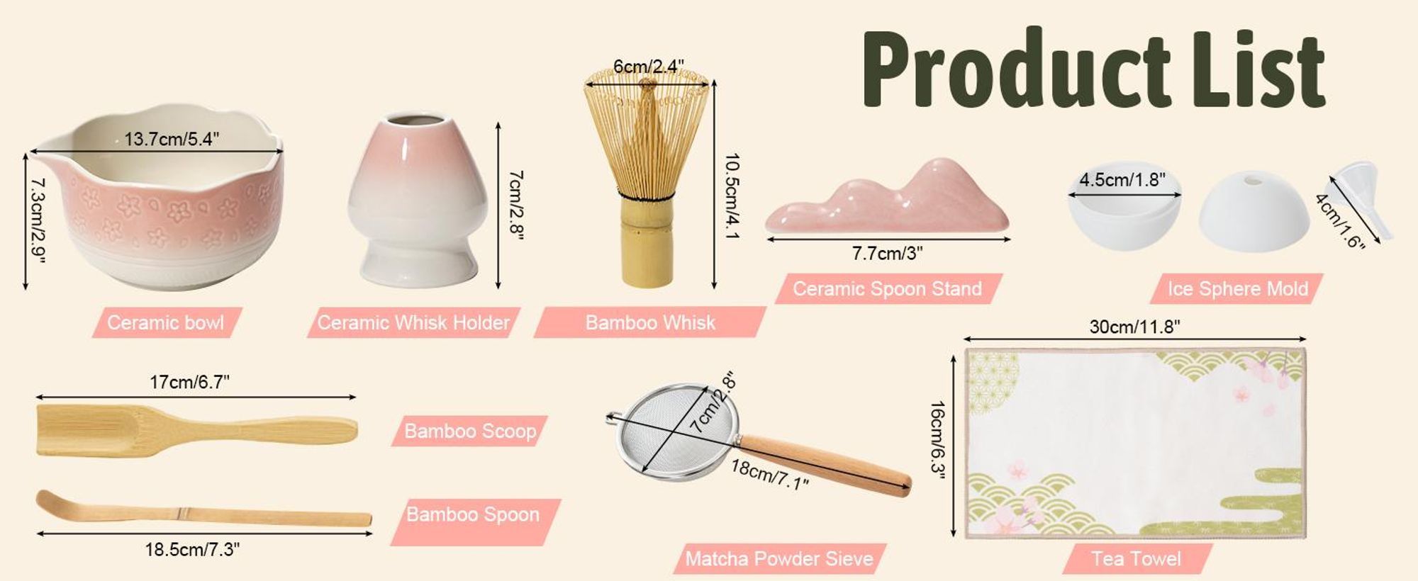 VONATES Matcha Set 9-tlg. mit Matcha-Schale, Bambus-Besener & Halter, Sieb, Löffel, Tuch, Eisform - Starter-Kit für Teezeremonie & Geschenk, Pink Farbverlauf