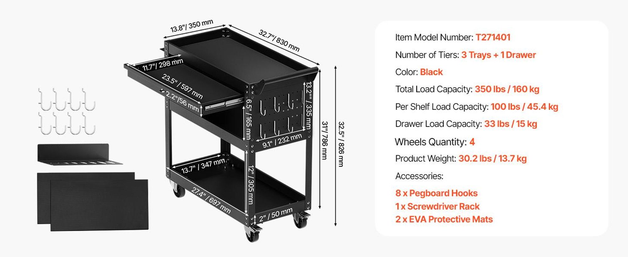 VEVOR Werkzeugwagen 830x350x826 mm, 160 kg Tragkraft, Werkstattwagen mit Schubla