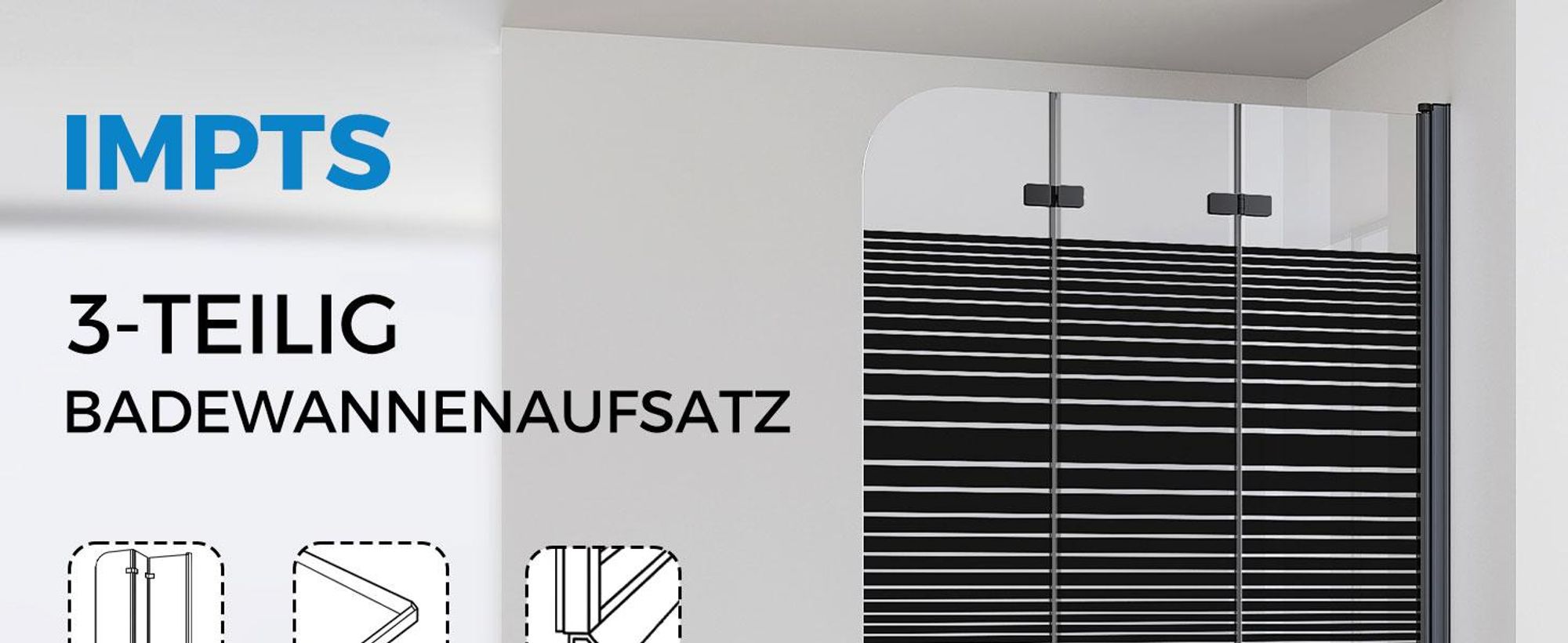 IMPTS Duschwand für Badewanne 120x140cm 3-teilig Faltwand Badewannenaufsatz Faltbar Duschabtrennung 6mm ESG GLAS Badwannenfaltwand Schwarze, Gestreift