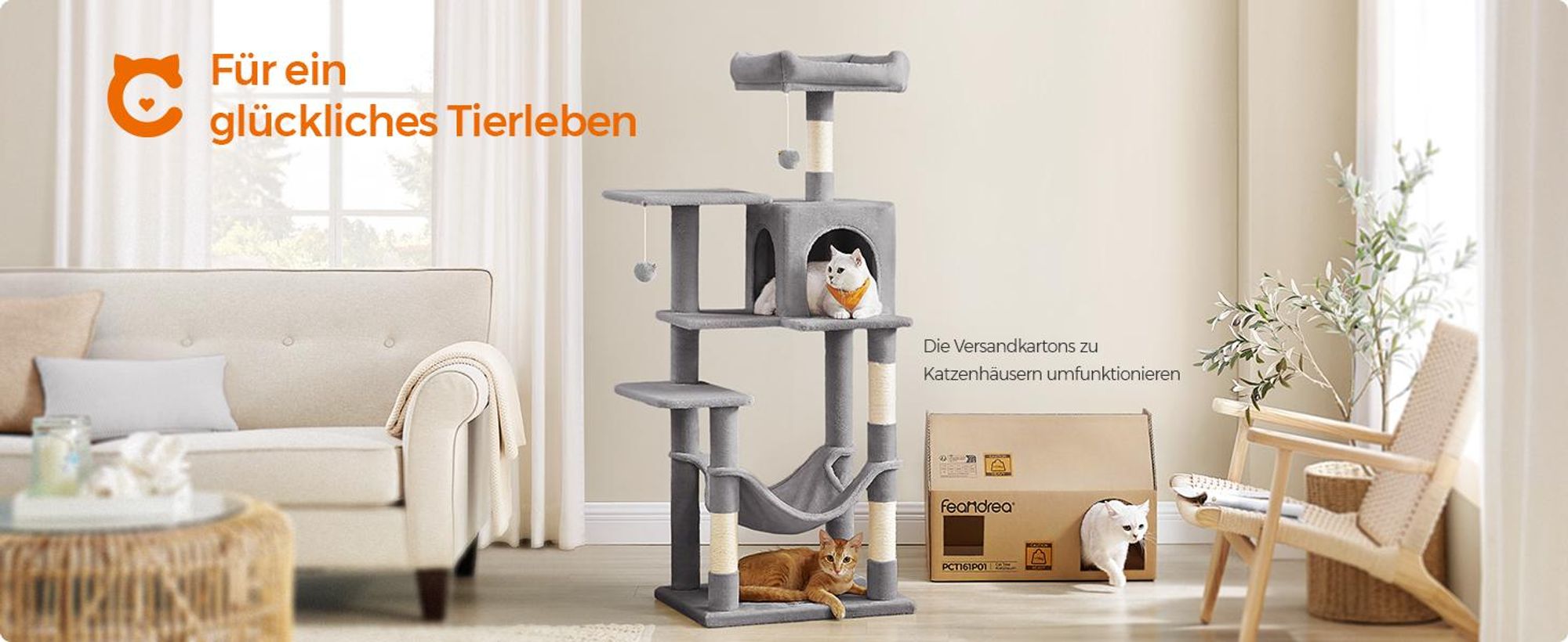 FEANDREA Kratzbaum, 143 cm, Katzenbaum mit Hängematte, hellgrau PCT161W01