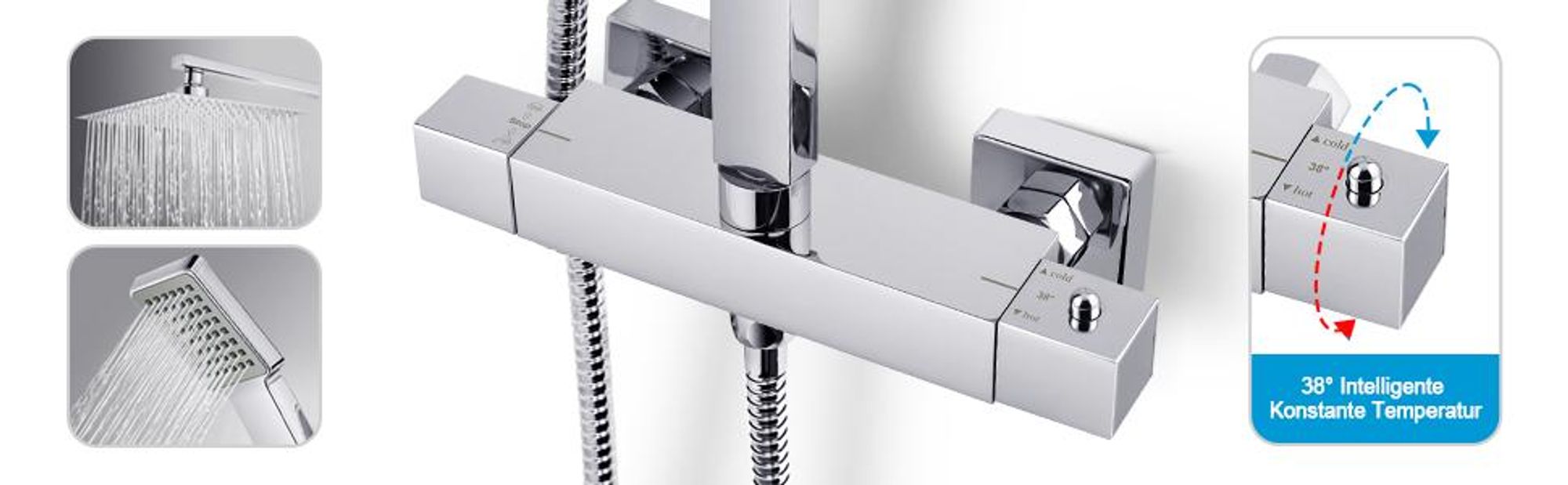 Heilmetz Regendusche Duschsystem mit Thermostat, 30x30 cm Kopfbrause & Handbrause, Duschstange Höhenverstellbar (Chrom)