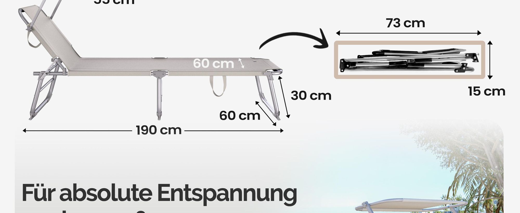 CASARIA Sonnenliege klappbar mit Sonnendach wetterfest Beige