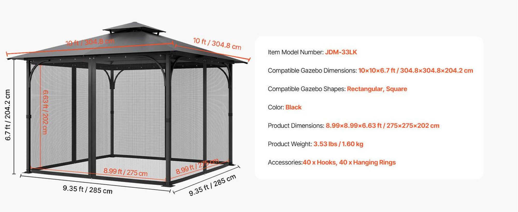 VEVOR Moskitonetz für Pavillon, Ersatz-Moskitonetz, passend für 304,6 x 304,6 x 203,2 cm große Pavillons, 4-teiliger Seitenwand-Pavillonvorhang