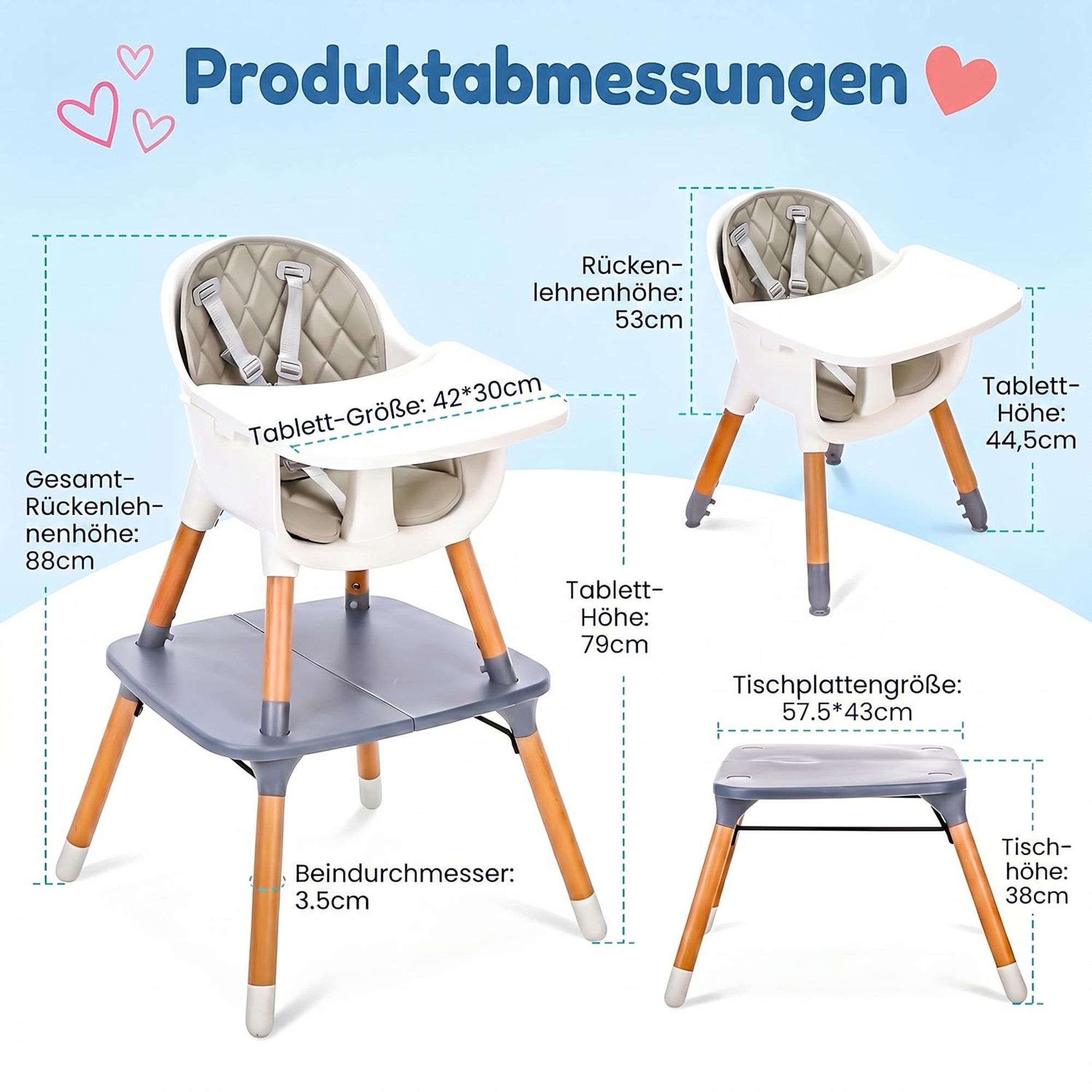 OYAJIA Hochstuhl baby 6 in 1 Sitzerhöhung Kinderstuhl Barhocker, Multfunktional Kinderhochstuhl, Beine aus Holz, mit 5-Punkt-Gurt, abnehmbare Tablett
