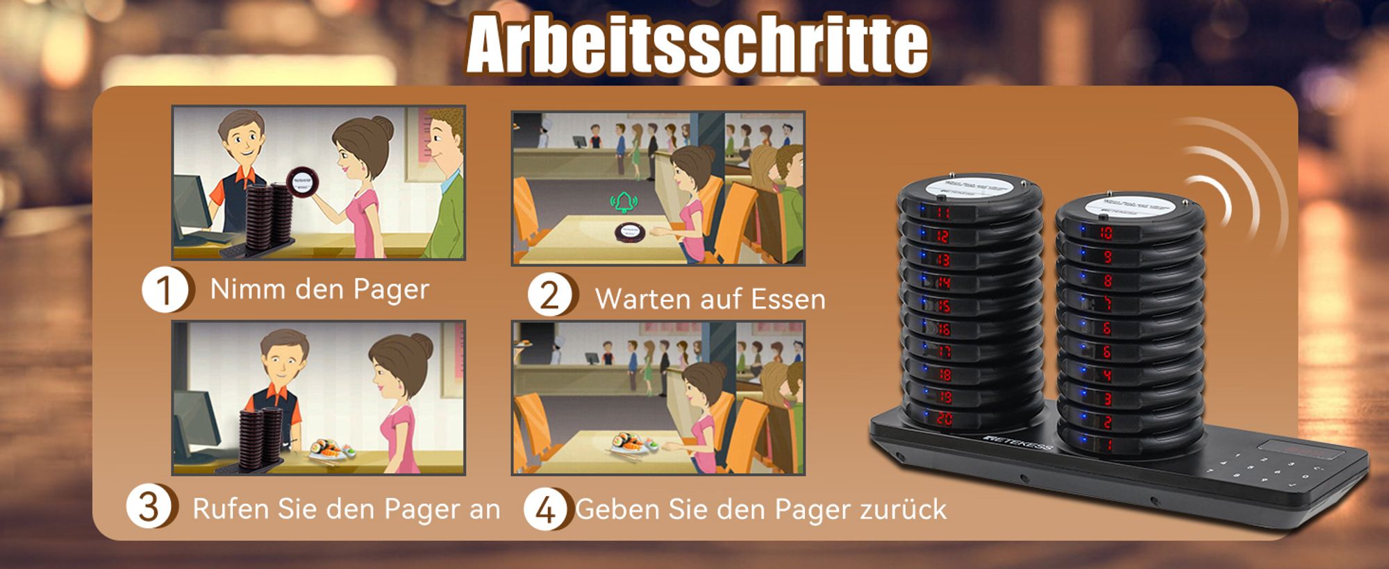 Retekess TD163 Restaurant Pager System, Pager Rufsystem, 400M, 31 Anrufmodi, 20H Standby, Gästerufsystem für Hotel, Bars, Clubs(20 Pager)