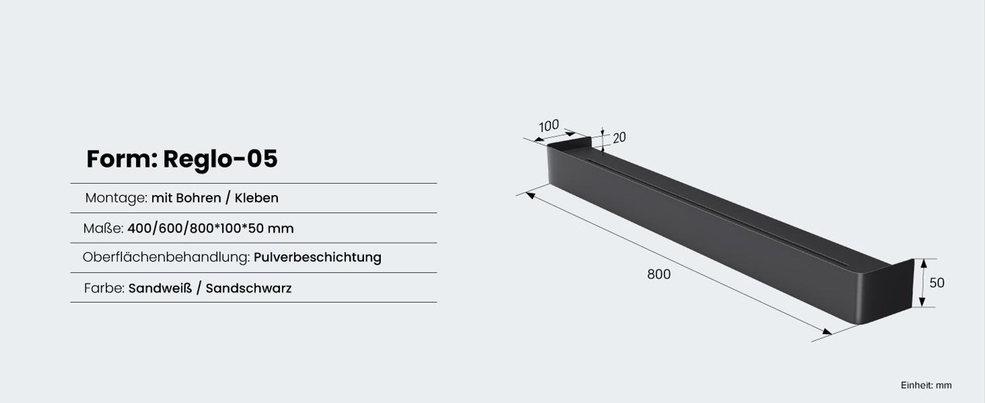doporro Wandgarderobe mit Ablage, Garderobenleiste 80 cm mit 8 Garderobenhaken, Kleiderhaken Wand ohne Bohren (Kleben) Sandschwarz, Reglo-05