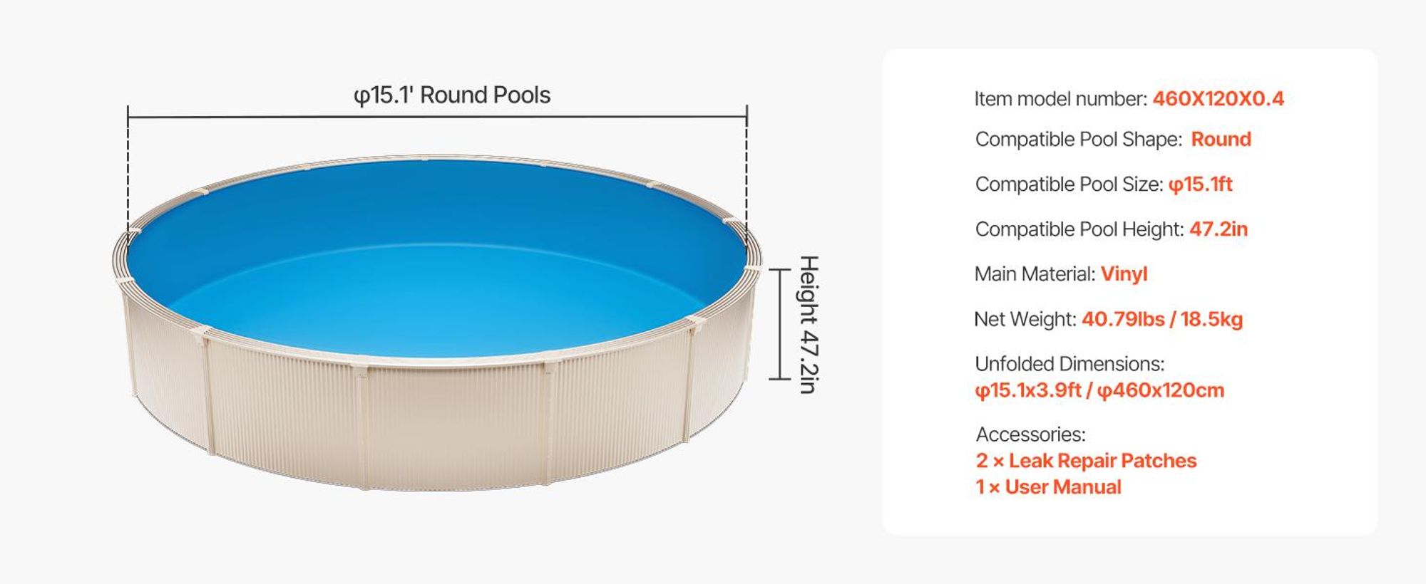 VEVOR 12 x 24 ft Oval Pool Liner, Überlappungsstil für Aufstellbecken, Wandhöhe 48 bis 54 Zoll, langlebige Poolfolie, Standardstärke Vinyl, für Stahlwand-Aufstellpools, Rund 460x120 cm-0.4 mm