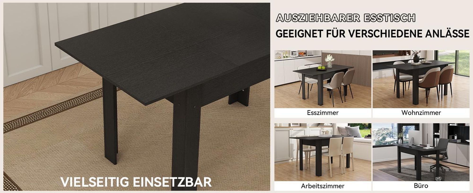 Puluomis Ausziehbarer Esstisch, Erweiterbarer Tisch 70x105-150cm, Klapptisch mit Verstärkter MDF-Platte, Küchen-/Wohnzimmertisch schwarz