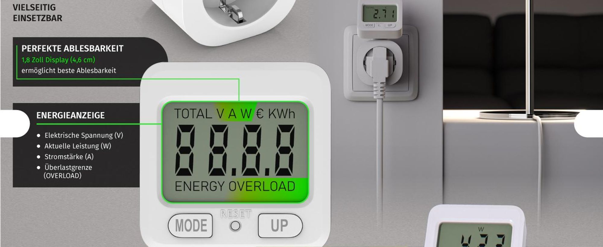 BEARWARE Energiekostenmessgerät, max. 3680 W, Strommesser, Stromverbrauchszähler, 1,8 " Display, 1-tlg., Stromkostenmessgerät, Steckdose Stromzähler, Schwenkbares Display