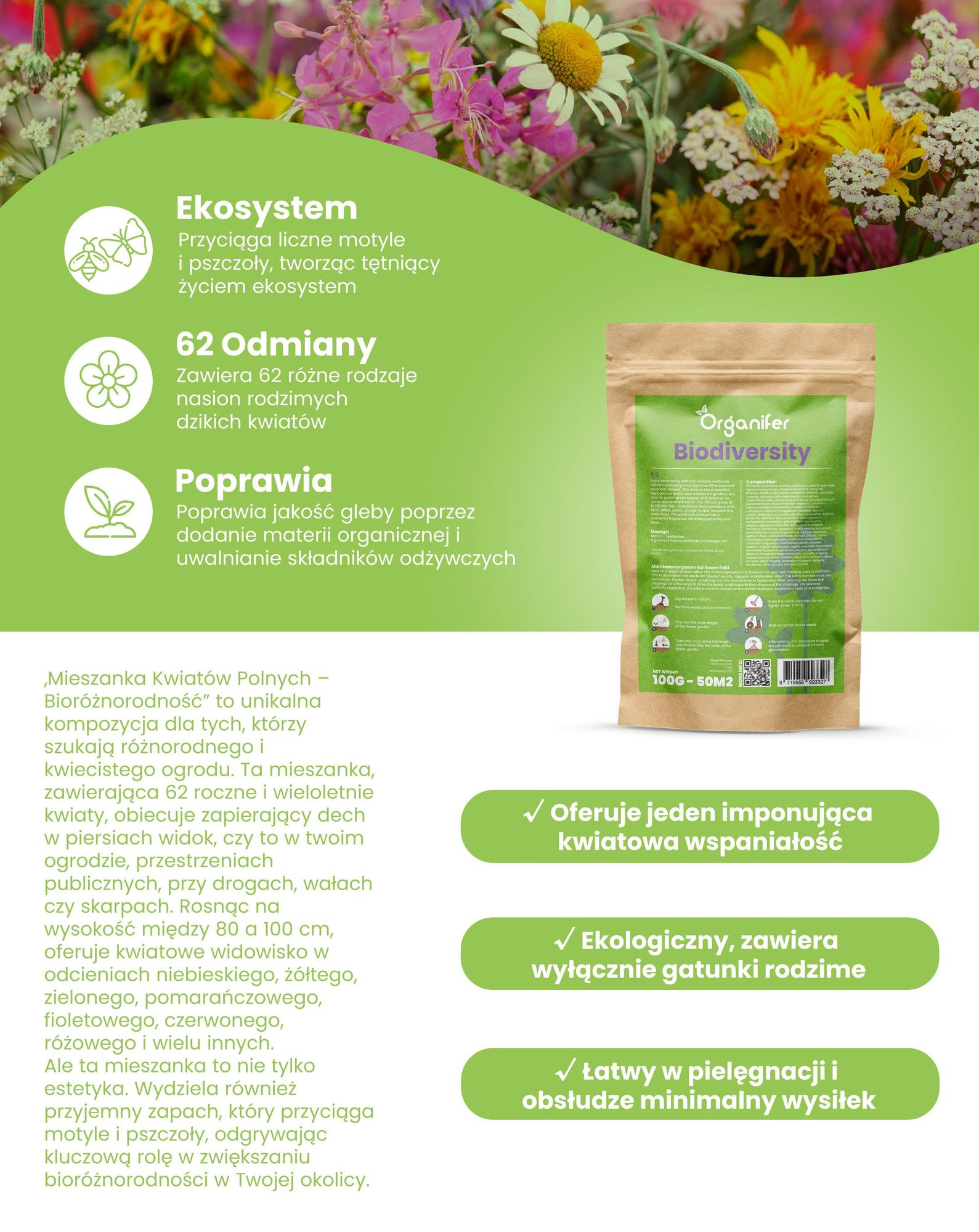 Mieszanka dzikich kwiatów „Biodiversität” 2 kg = 1000 m² – nasiona 62 gatunków kwiatów łąkowych, pasieka dla pszczół i owadów, mieszanka kwiatowa do ogrodu naturalnego – Organifer
