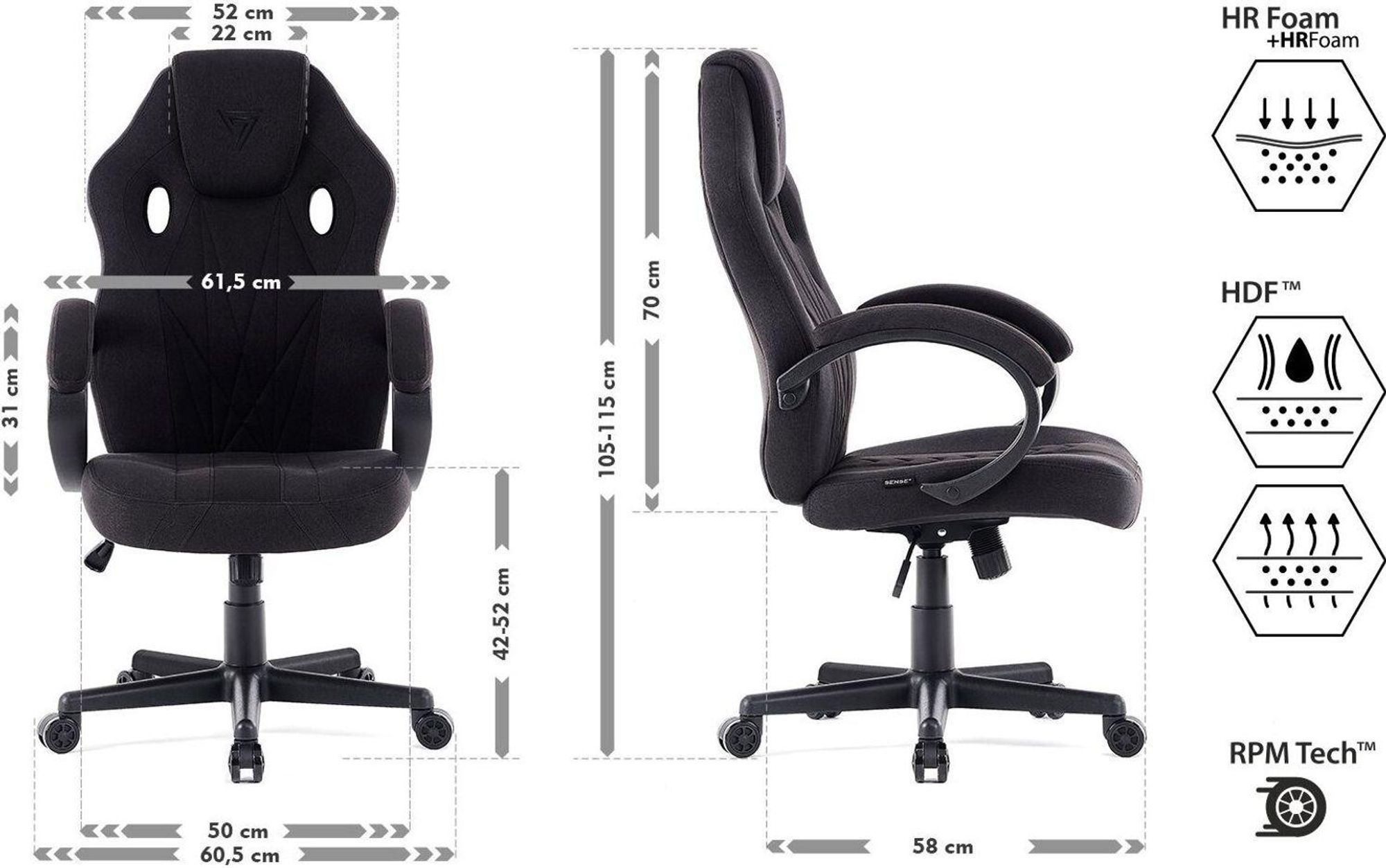 SENSE7 Prism Gaming Krzesło materiałowe czarne – ergonomiczne krzesło biurowe Krzesło do komputera Krzesło dla graczy Funkcja bujania Krzesło dla graczy 120 kg Tkanina HDF™