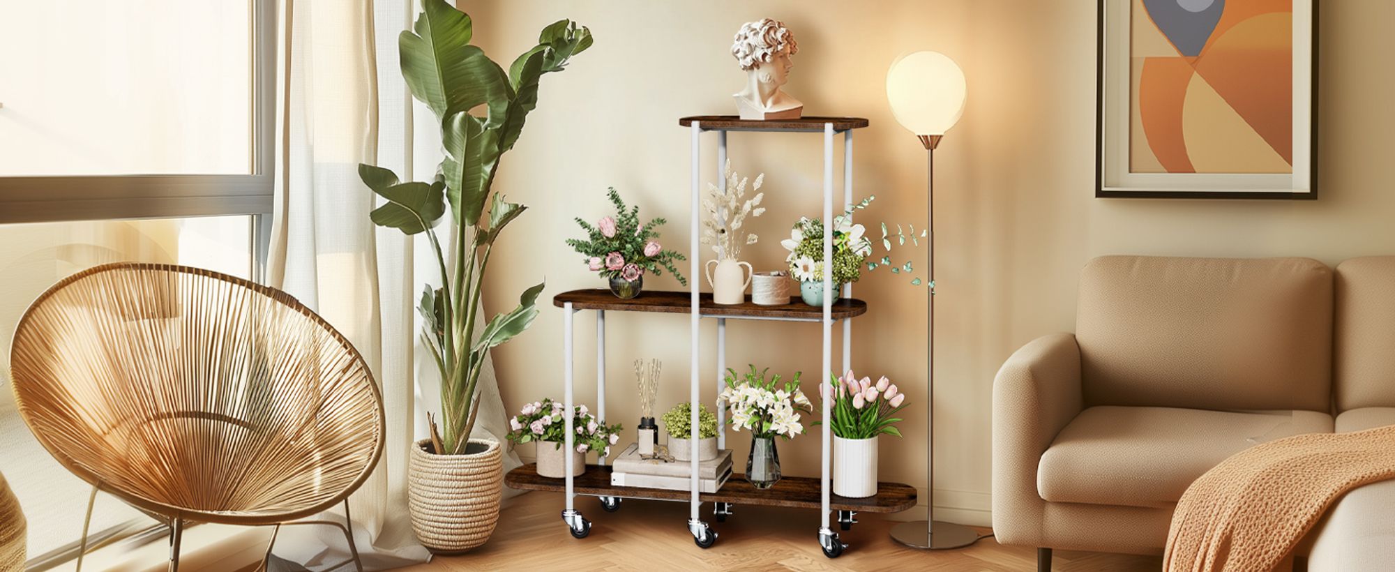 WISFOR Pflanzenregal rollbar, Blumenregal Blumenständer auf Rollen, Mehrstöckig Pflanzenständer Pflanzentreppe für Balkon Garten Terrasse,110x30x107cm