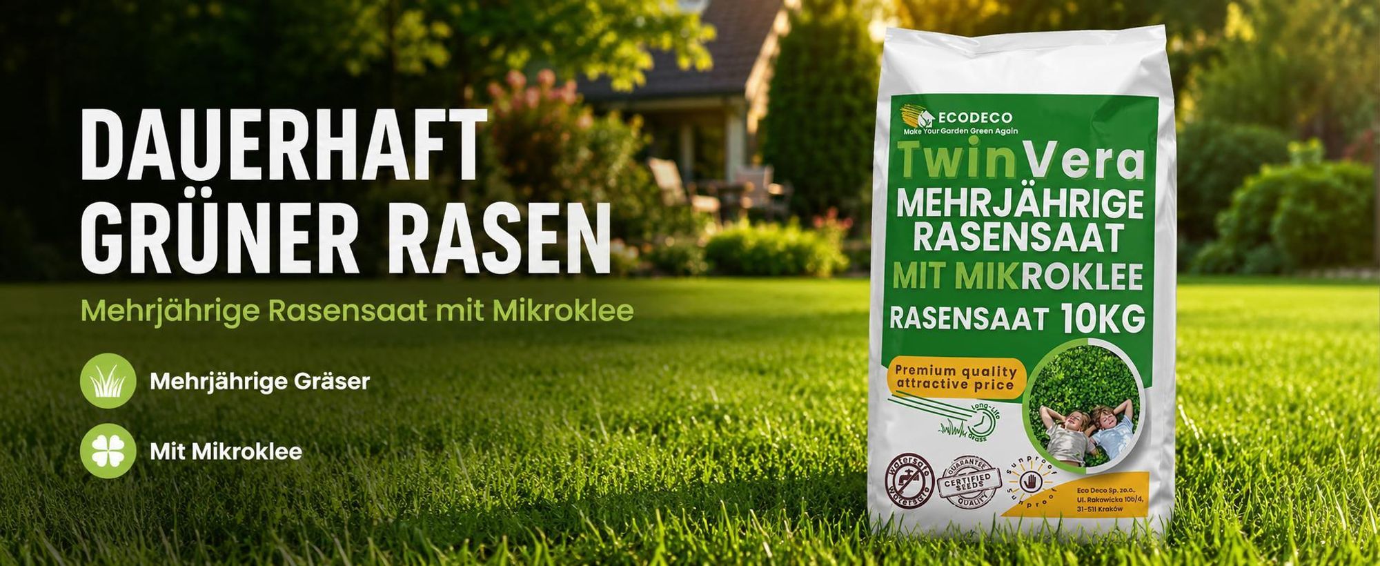 EcoDeco Mikroklee Rasensamen mit Mikroklee Pipolina, strapazierfähige Rasenmischung für 400 m2, mit Weißklee, für dauerhafte Grünflächen