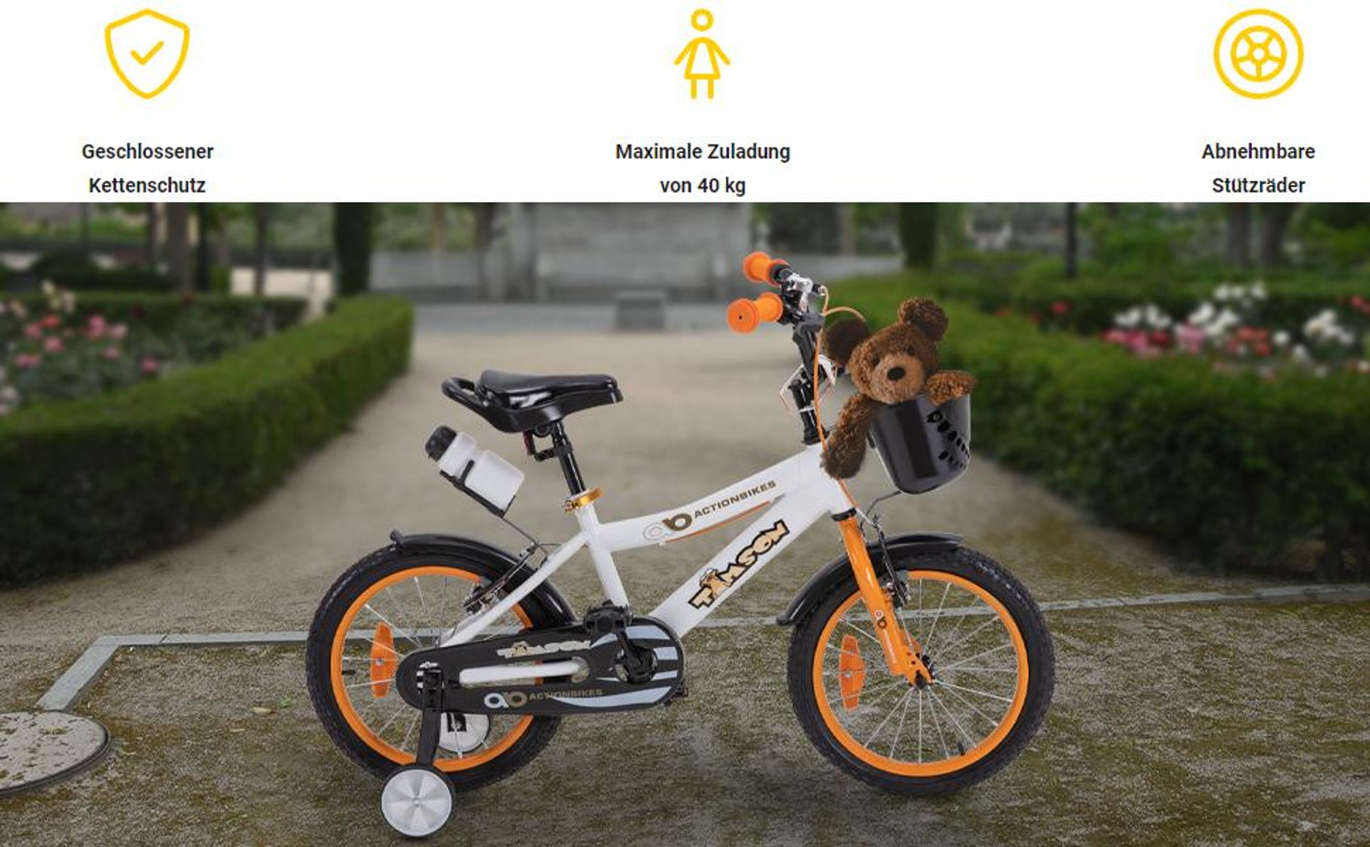 Actionbikes Kinderfahrrad Timson 16 Zoll | Kinder Fahrrad - V-Brake Bremsen - Kettenschutz - Fahrradständer - Fahrradkorb - 4-7 Jahre (Orange/Weiß)