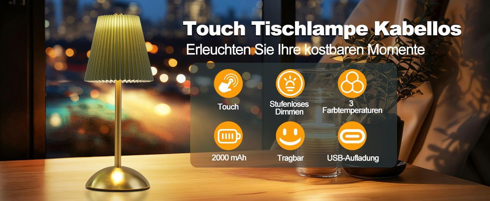 ZMH Lampe de chevet Set de 2 lampes de table sans fil - Lampe de table LED rechargeable Touch Dimmable USB Rechargeable Lampe de salle à manger Tissu Design moderne Lampe de chevet pour le salon Chambre à coucher Table à manger