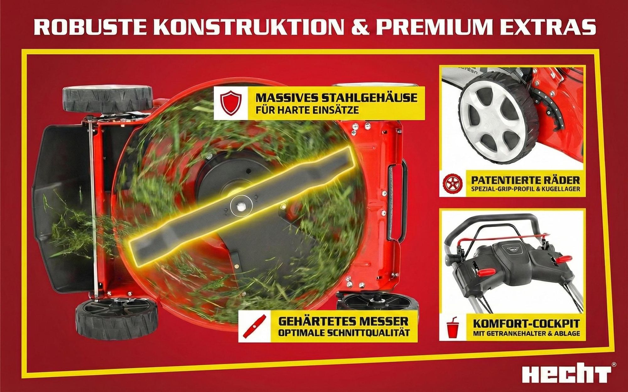 HECHT 5534 SX Rasenmäher Benzin | mit Antrieb | 5in1 | 51 cm Schnittbreite | 60L | Fangkorb | Mulchkit | Zentrale 7-fach Höhenverstellung
