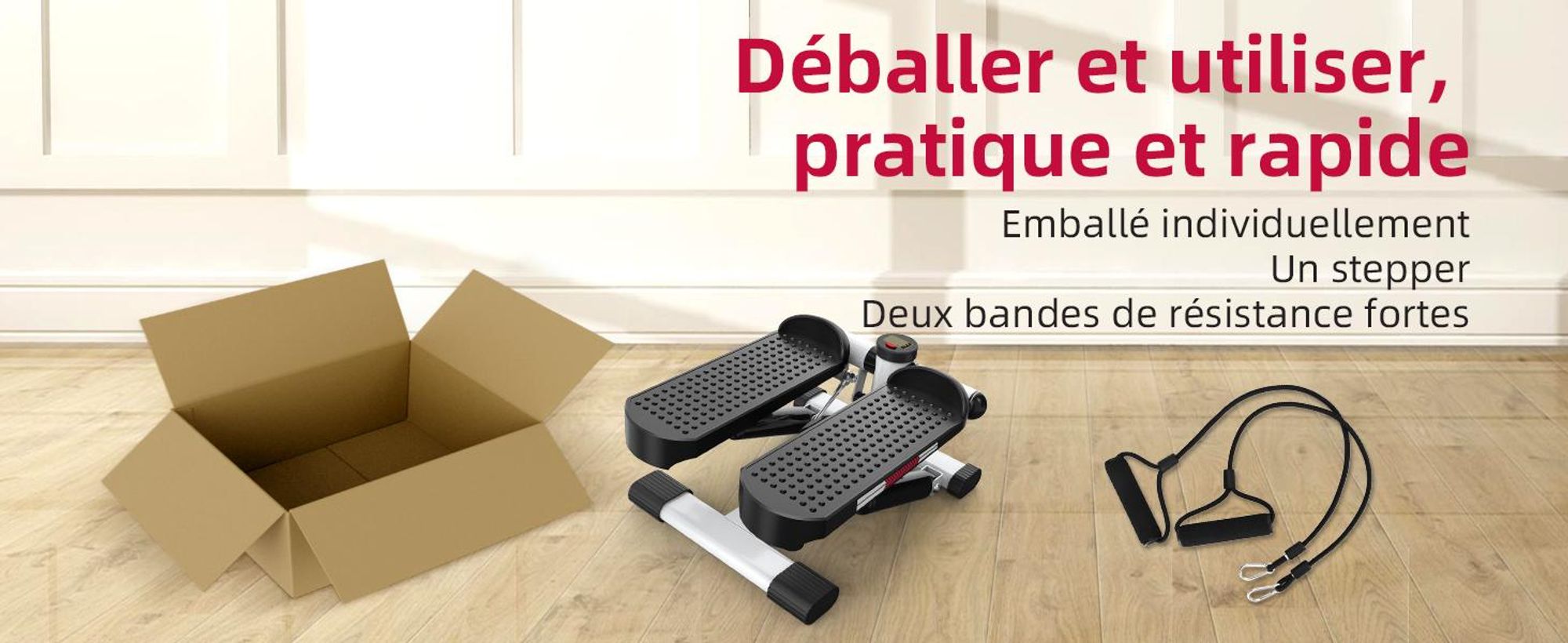Mini-stepper JASPORT ST1, 2 en 1 avec cordes élastiques, écran LCD, résistance réglable, pour l'entraînement des jambes et des bras, silencieux et compact, charge max. 100 kg, blanc