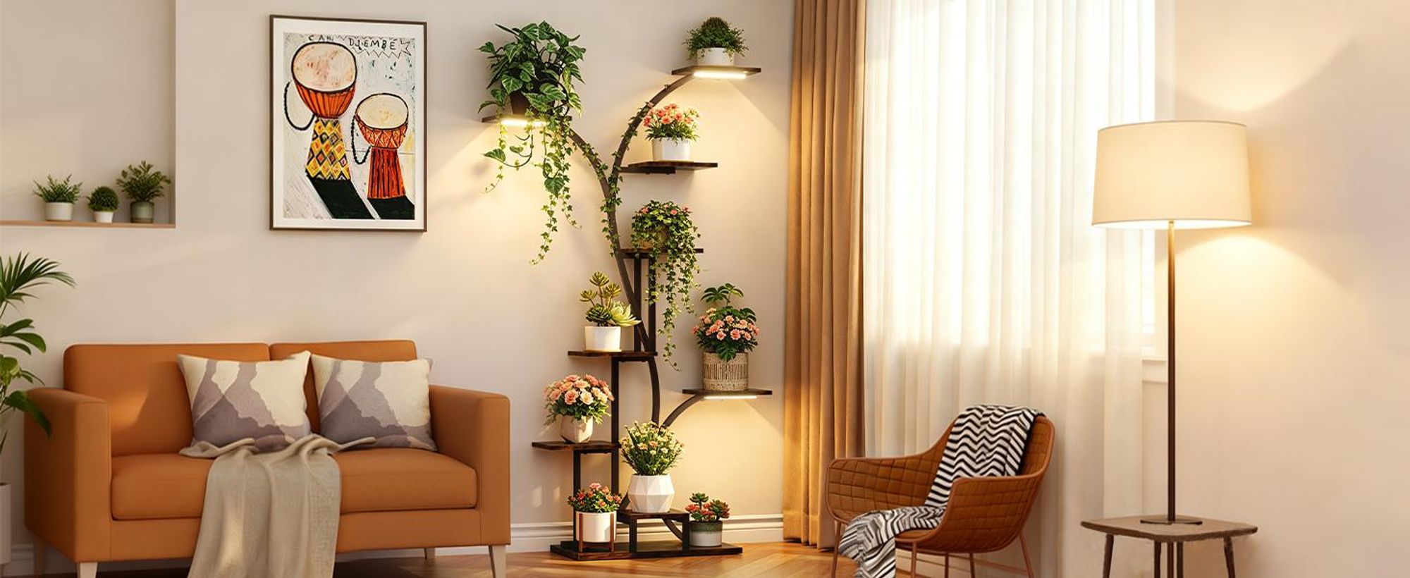 FATIVO Regał na kwiaty 8 poziomów 165 cm z lampą do roślin, metal i drewno, na 8 doniczek