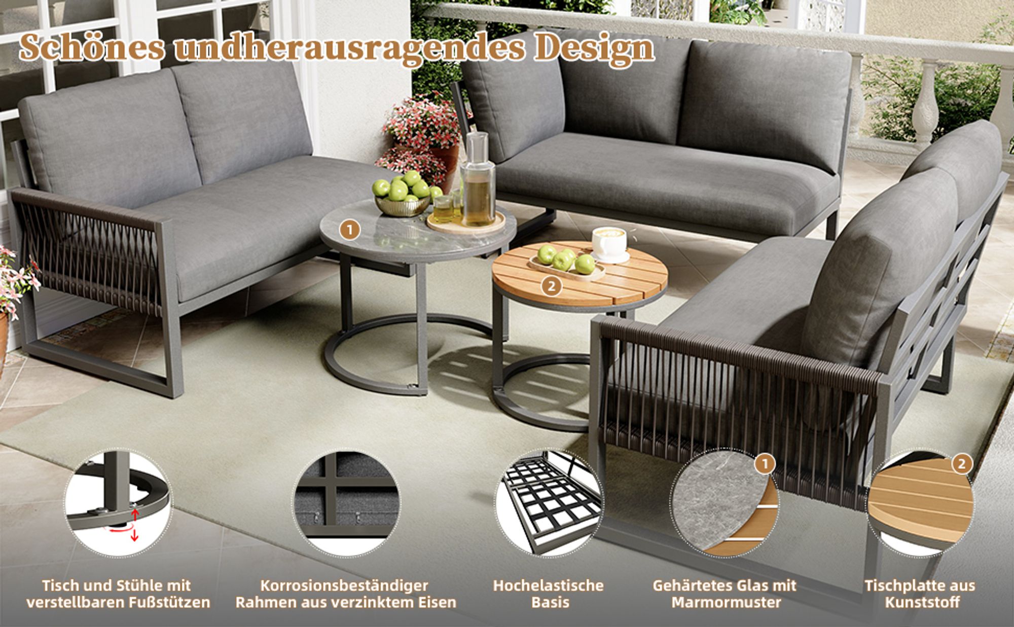 okwish Garten-Lounge-Set,Essgruppe,Möbelset für 6-7 Personen, Sitzgruppe mit Sofa&Tisch,inklusive aller Sitz- und Rückenkissen, grau