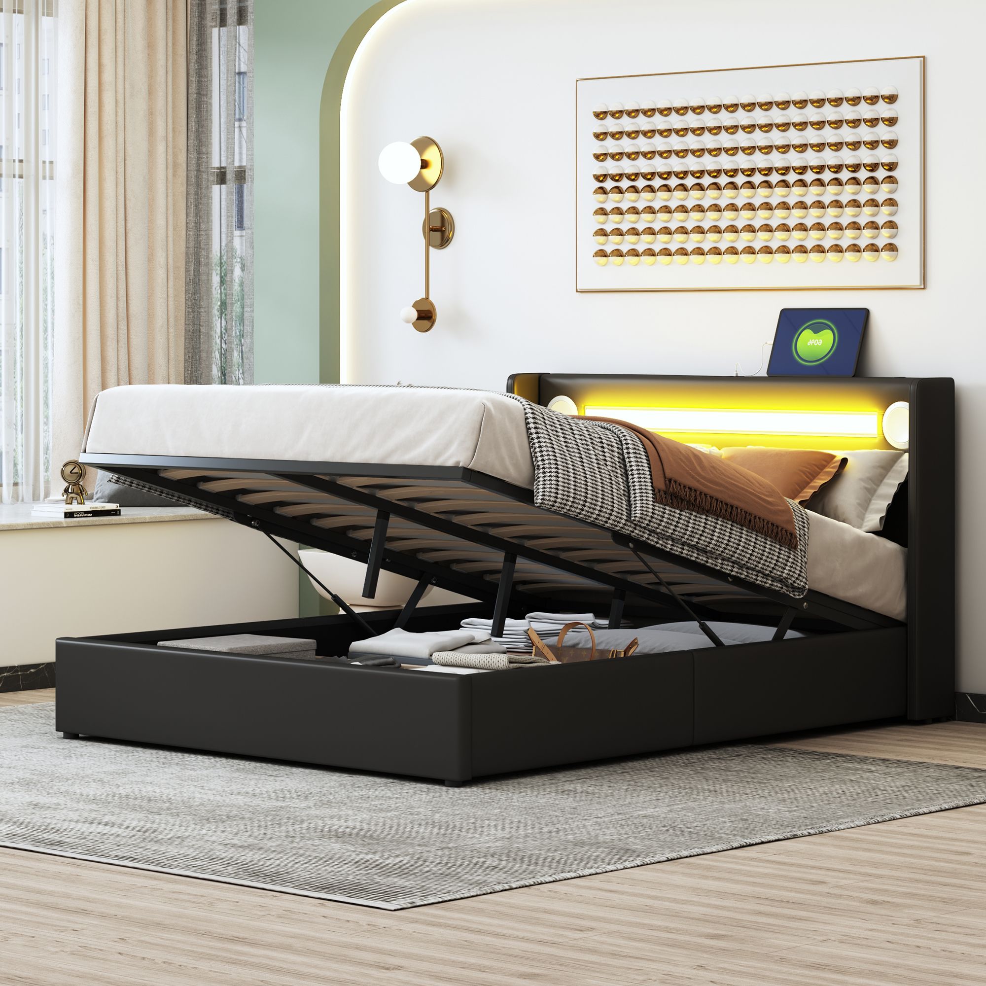 Flieks Polsterbett 140x200cm mit USB und Bluetooth-Player, Boxspringbett Doppelbett mit LED und Lattenrost, Stauraumbett Jugendbett, PU, Schwarz