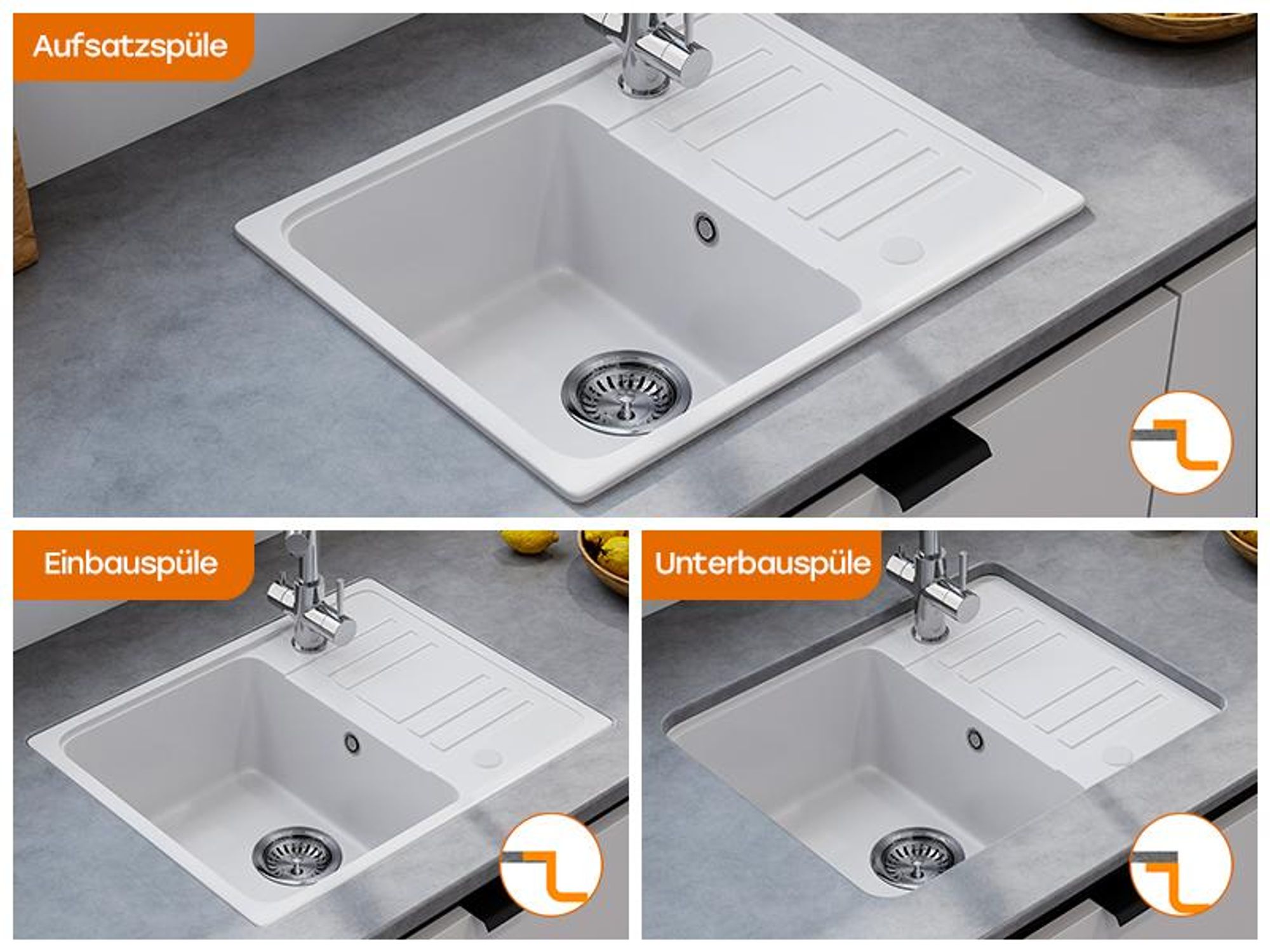 HOROW Granit Küche Spüle Weiß - 1 Becken Einbauspüle mit Reversible Installation, Spülbecken mit Siphon Ab- und Überlaufgarnitu 57 x 45 cm