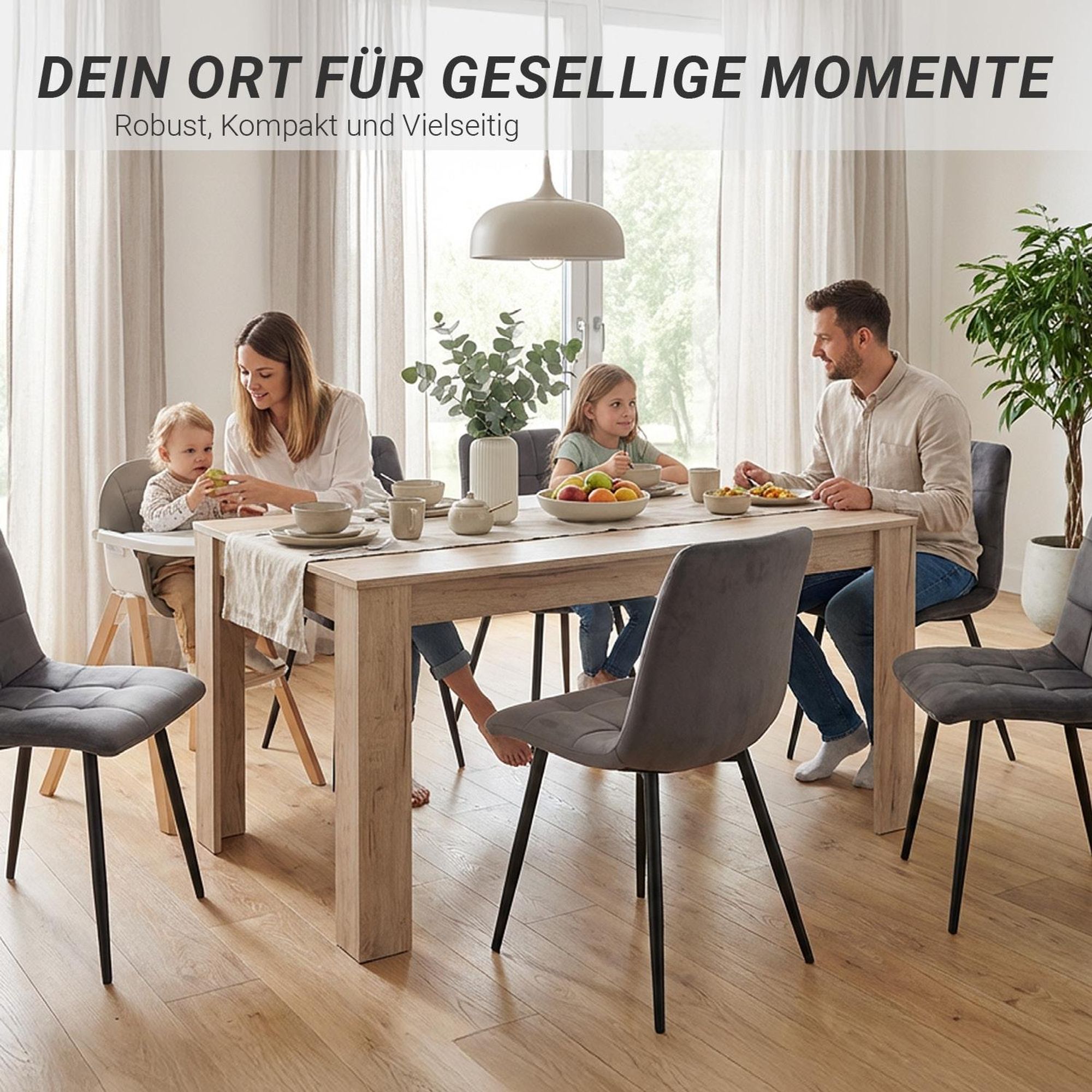 Das Bild zeigt eine Familie, die am Tisch isst. Es stehen ebenso mehrere Polsterstühle am Esstisch.