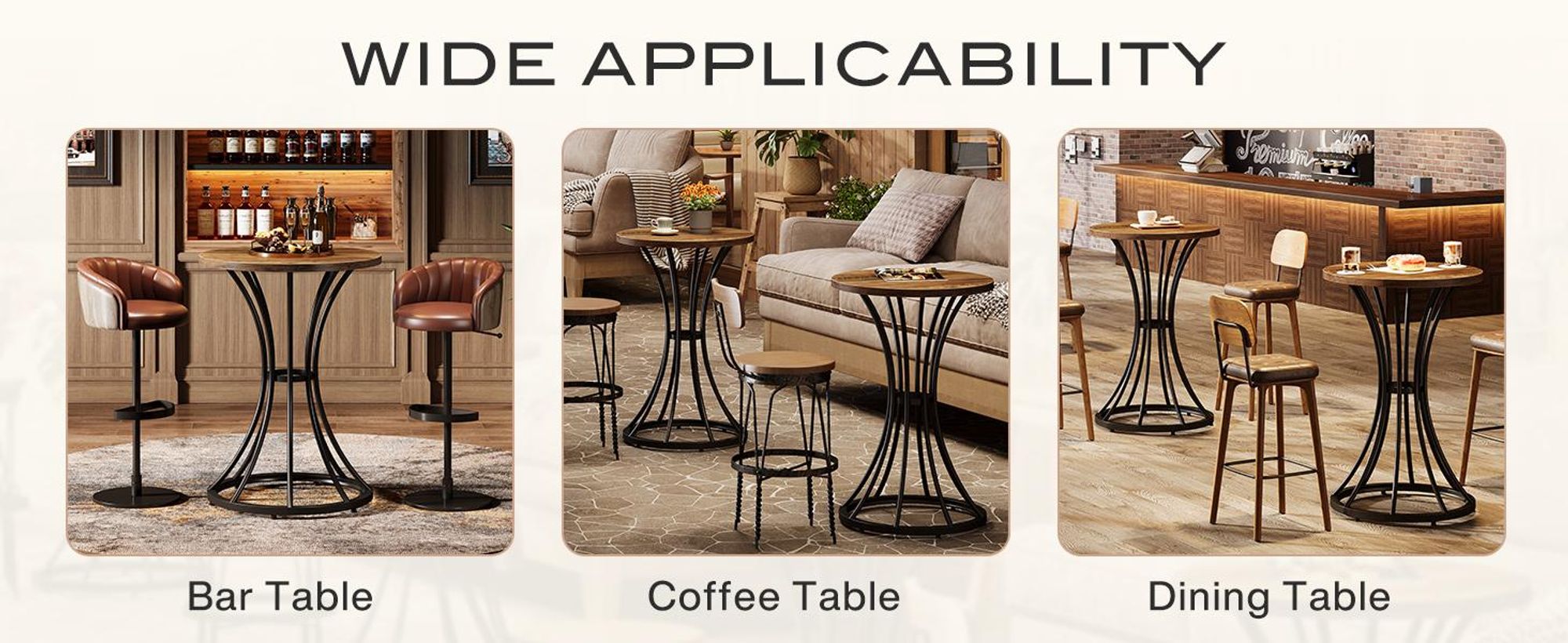 Tribesigns Runder Stehtisch, 95 cm hoch, Bartisch mit gebogenem Metallfuß, hoher Cocktail-Kneipenständer für Wohnzimmer, Küche, Braun & Schwarz