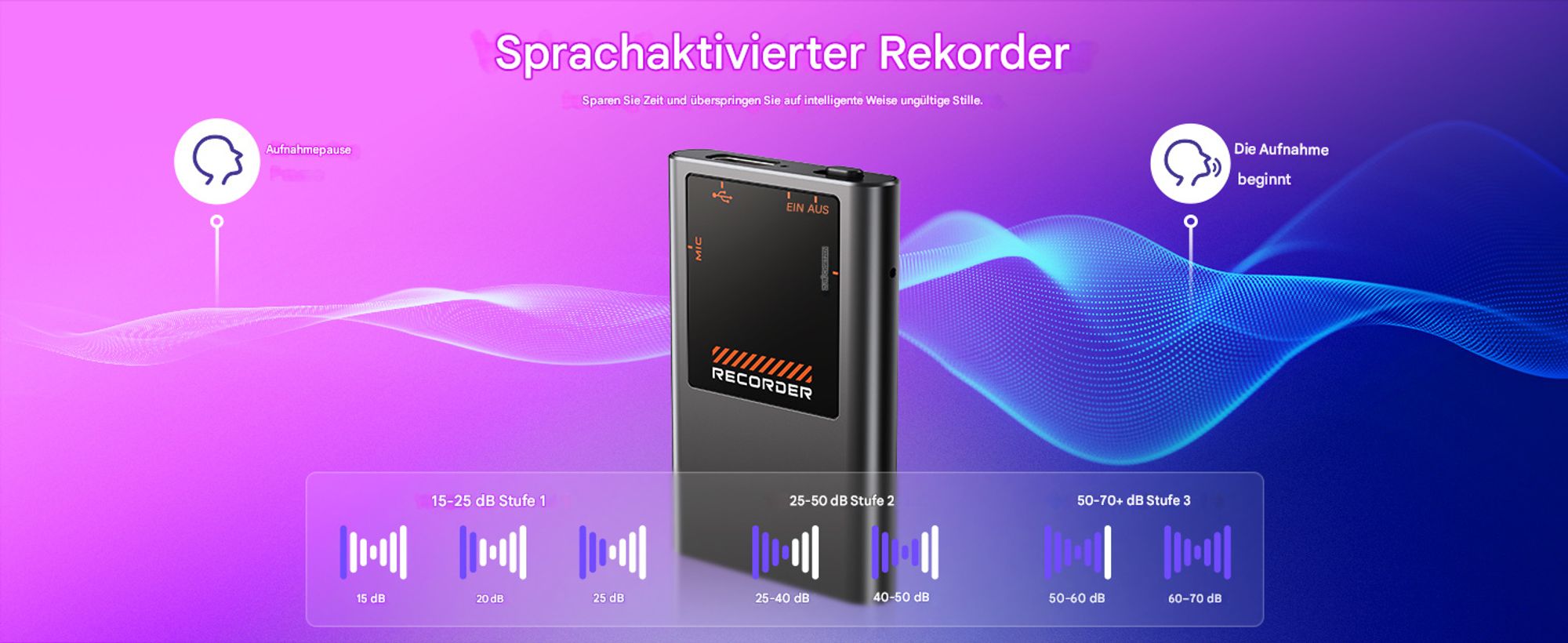 64GB Mini Digitales Diktiergerät - 3072Kbps Magnetic Diktiergerät Aufnahmegerä mit Playback, 7000 Stunden One-Touch Aufnahme mit AI Rauschunterdrückun