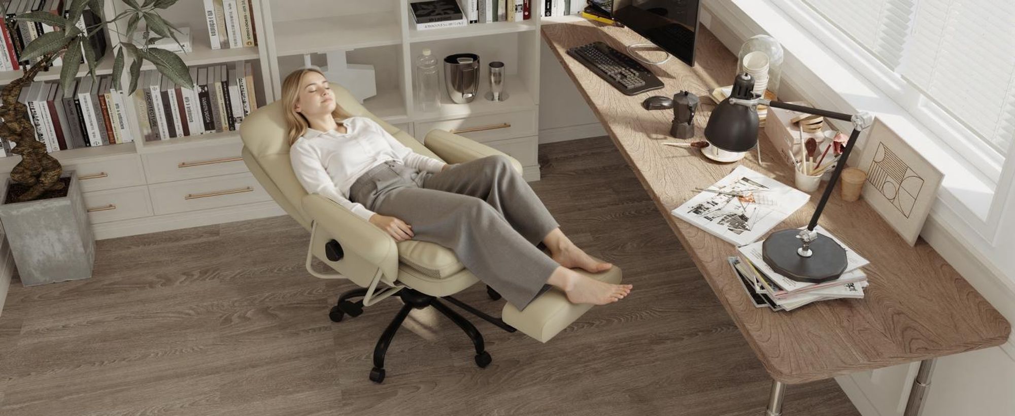 FLEXISPOT 3-in-1 Ergonomischer Bürostuhl mit 165° Liegefunktion, Ausziehbarer Fußstütze, Dickem Komfortpolster und Höhenverstellung (Beige)