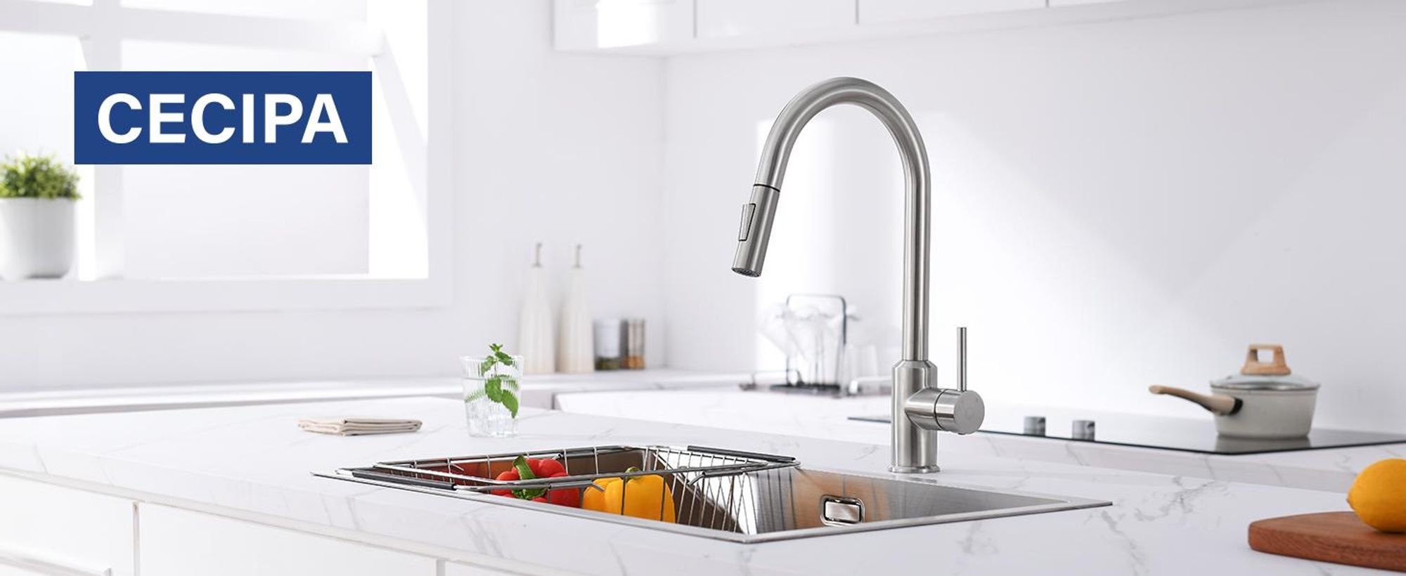 Cecipa Niederdruck Küchenarmatur Gebürsteter Edelstahl Ausziehbar, Wasserhahn Küche mit Brause, 360° Drehbar Spültischarmatur für Kleinspeicher