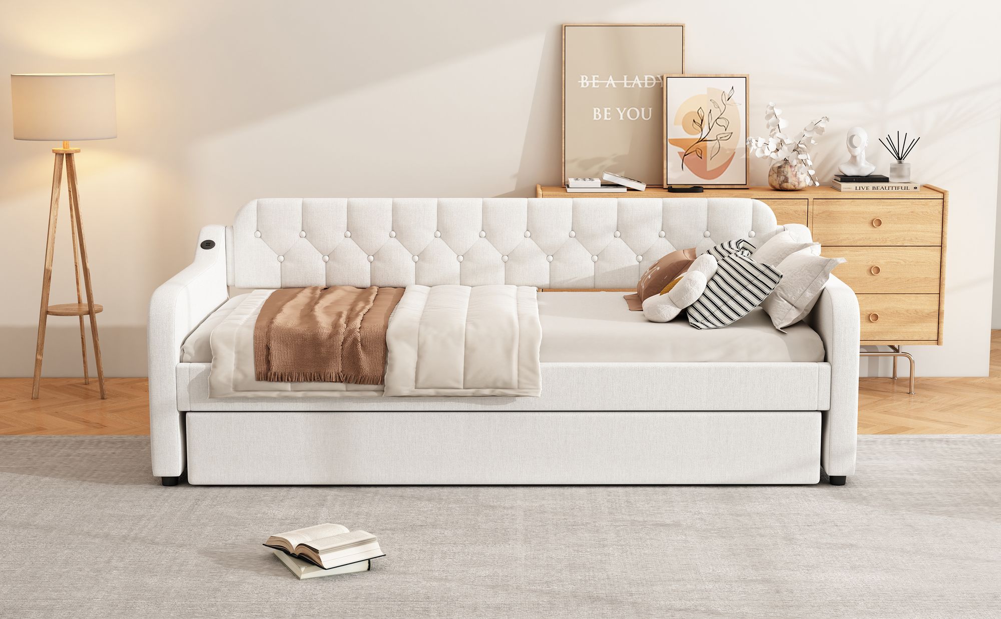 Merax Tagesbett  90x200cm/180x200cm Ausziehbett, Erweiterbares Schlafsofa mit USB und Lattenrost, Leinen Polsterbett Kinderbett Sofabett, Beige