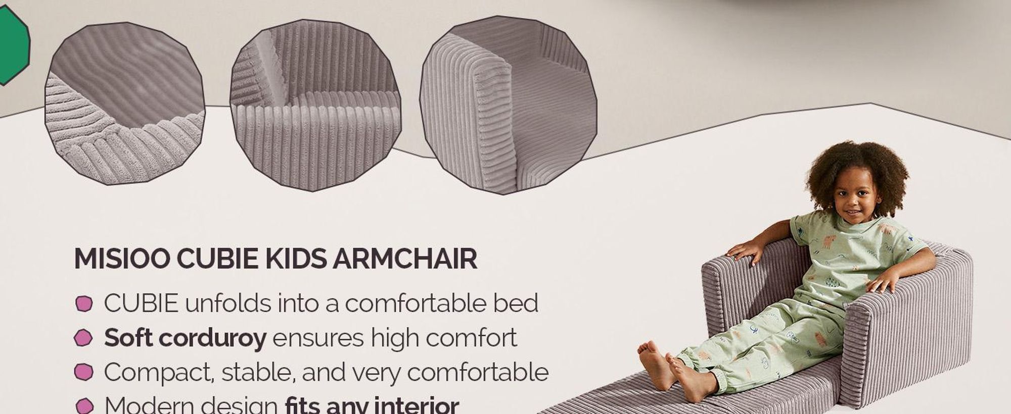 Poltroncina per bambini MISIOO CUBIE in velluto a coste, poltroncina pieghevole e divanetto per neonati, morbida poltroncina per la cameretta, pieghevole per sdraiarsi - Verde