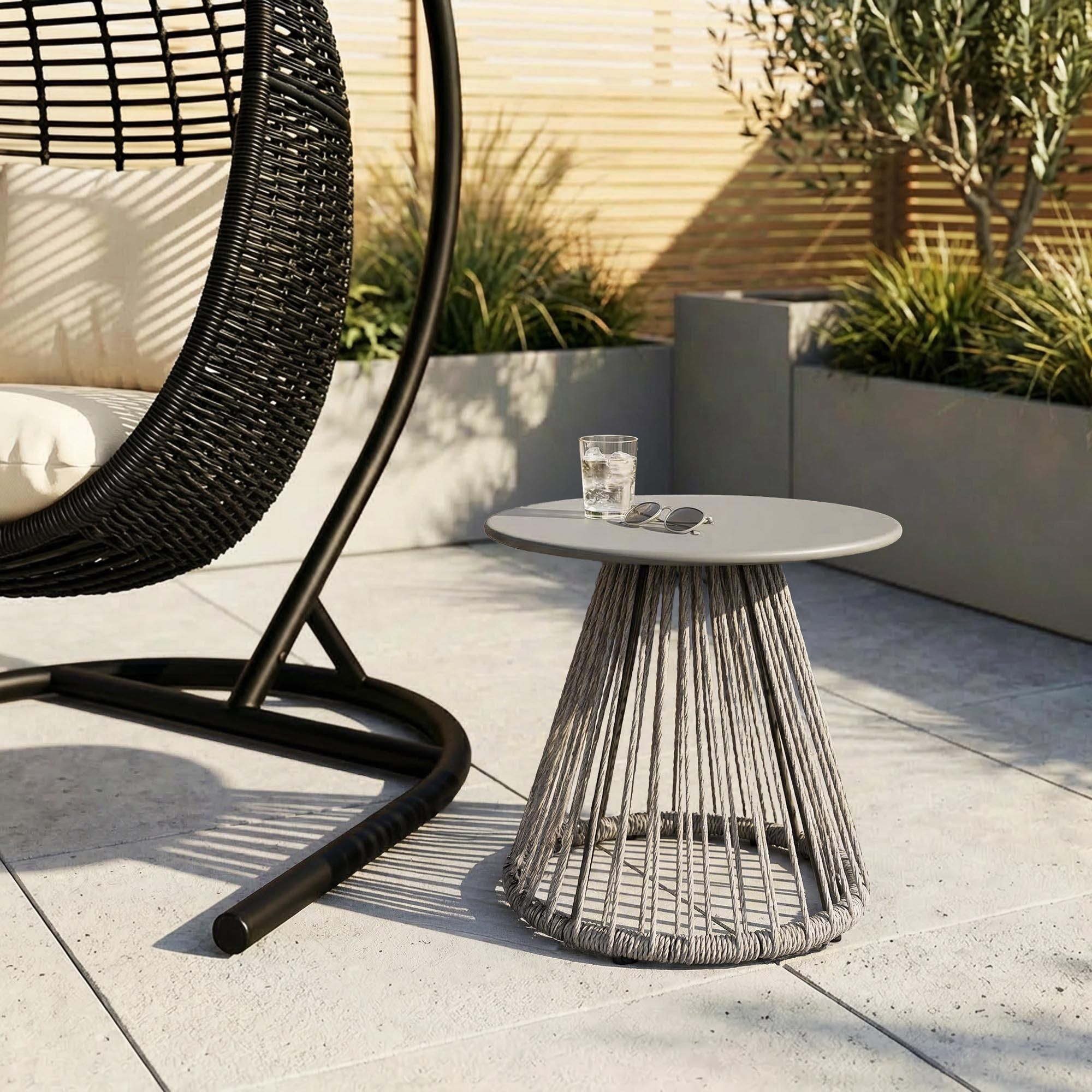 di volio Beistelltisch CAPRIO - runder Outdoor Tisch aus Rattan für Balkon & Terrasse, wetterfest - grau