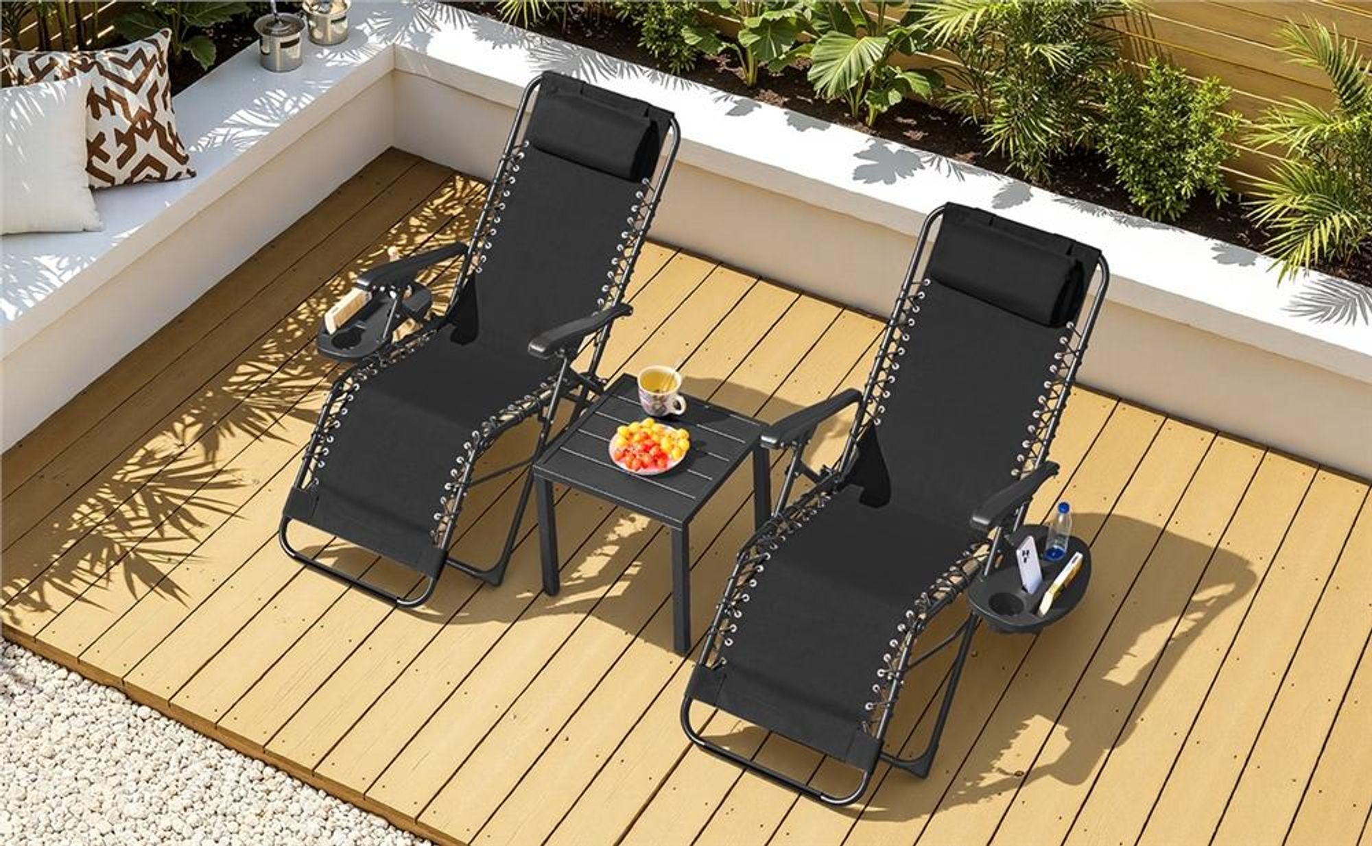 Yaheetech Klappbarer Liegestuhl mit Nackenkissen & Getränkehalter, Sonnenliege Gartenliege mit verstellbarer Rückenlehne, Schwarz