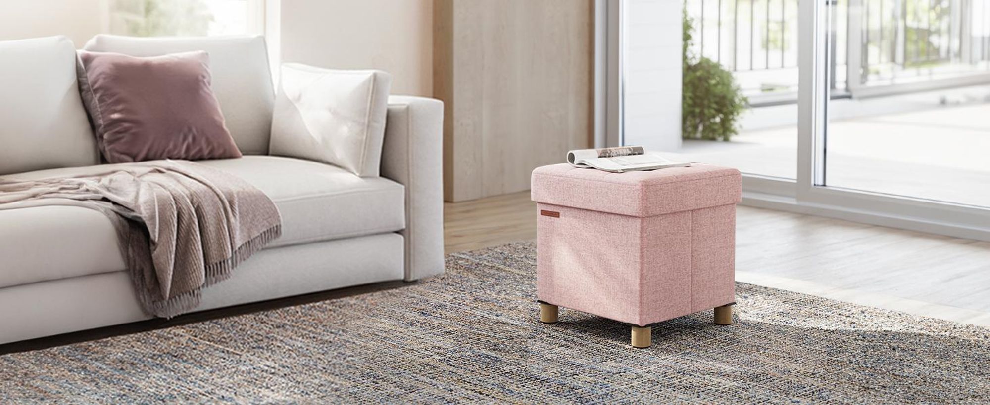 SONGMICS Sitzhocker, 37L, klappbare Sitztruhe, Aufbewahrungsbox, Pastellrosa