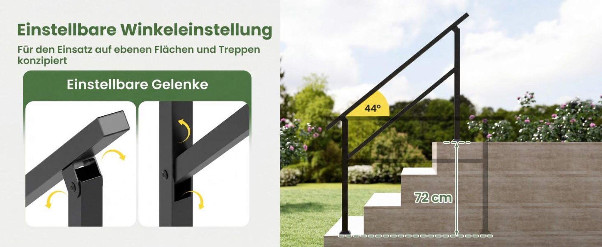 COSTWAY Handlauf, Treppengeländer Seitliche Montage, Eingangsgeländer mit flexiblem Winkelverstellung & Montagematerial, Geländer für Treppen 138 cm