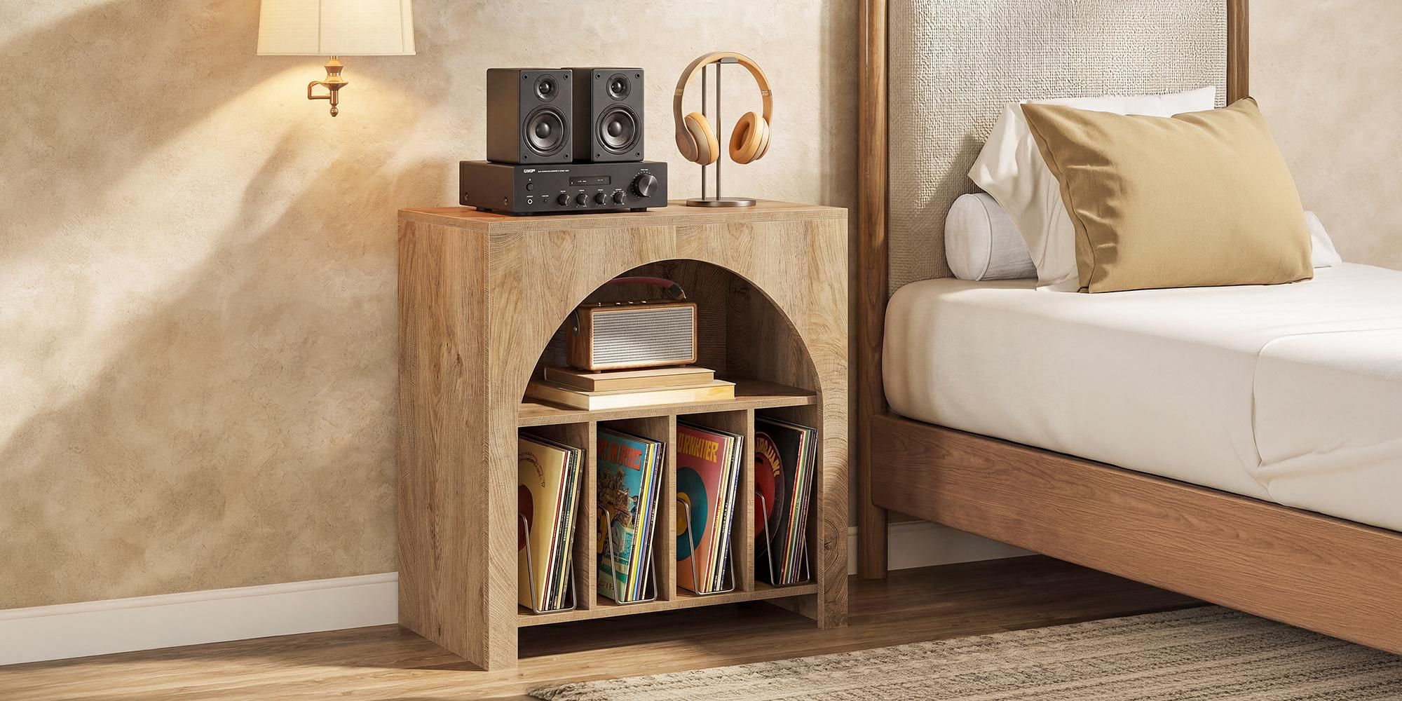 Beistelltisch, 80 cm Nachttisch für Schallplatten, 2-stöckiger  Plattenspielerständer für 370 Schallplatten, Vinyl-Schrank in halbkreisförmigem Design