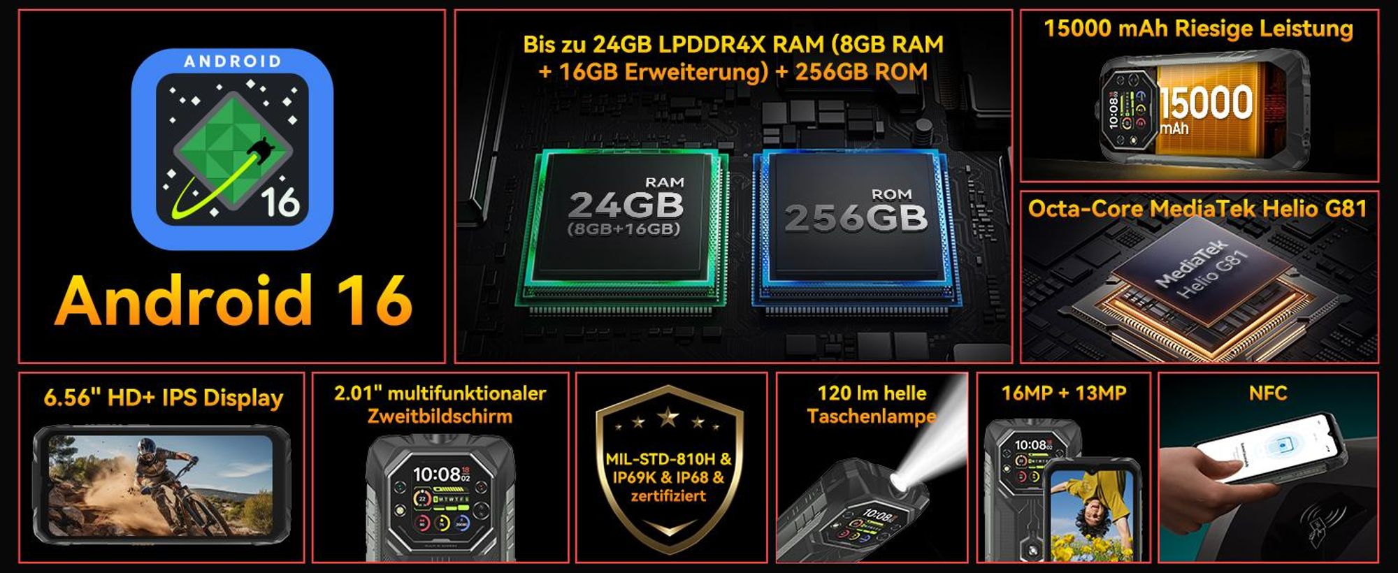 Blackview ROCK 1 Militärisches Outdoor-Smartphone mit Dual-Display Smartphone Android 16, Helio G81, 15000mHA, 33W Schnellladung, Face ID