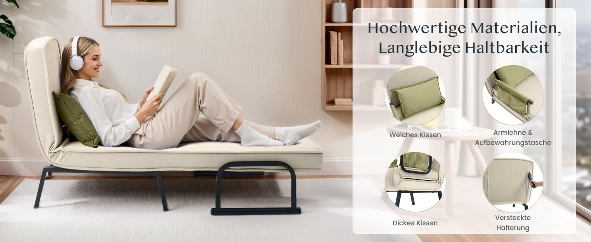 FlexiSpot 3-in-1 Schlafsessel mit Bettfunktion, Verstellbare Rückenlehne, Klappbare Beine, Seitentasche, Platzsparend für Wohnzimmer/Büro (Weiß+Grün)
