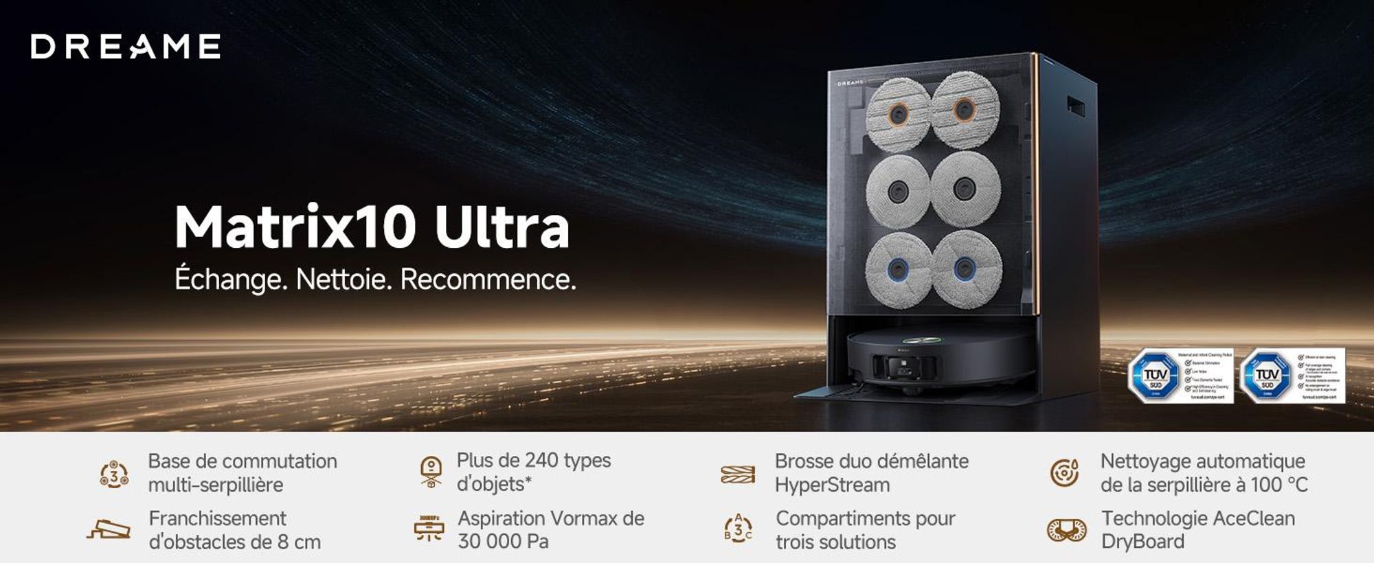 Dreame Matrix10 Ultra, modèle combiné, noir, rond, sac à poussière, 0,31 l, rechargeable