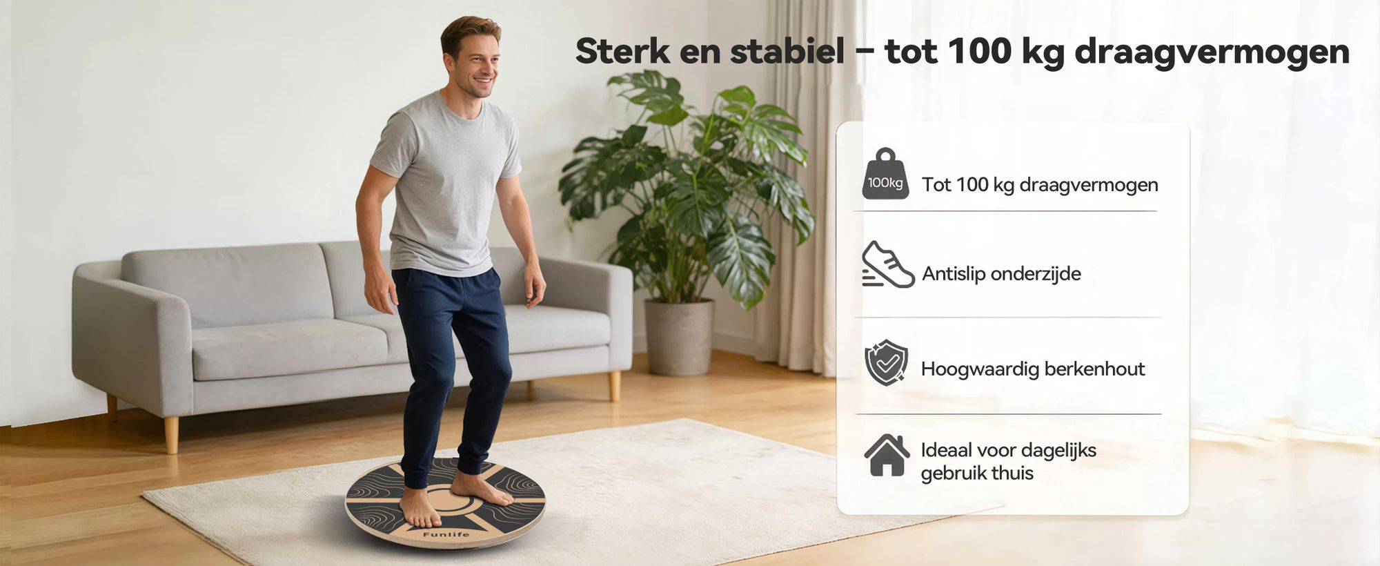 FunLife TERRA balansbord, rond, gemaakt van berkenhout – 360° balanstrainer voor core-training, coördinatie en stabiliteit, geschikt tot 100 kg